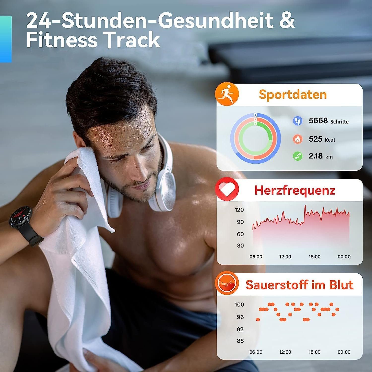Mutoy Smartwatch,Blutzucker Smartwatch,Smartwatch Damen Herren Smartwatch (1,43 HD Voll Touchscreen Zoll) IP67 Wasserdicht Fitness Tracker mit Schrittzähler Pulsuhr Blutzucker Sauerstoff Messgerät,Schlaf-Monitor, SpO2,100+ Sportmodi Outdoor Fitness T