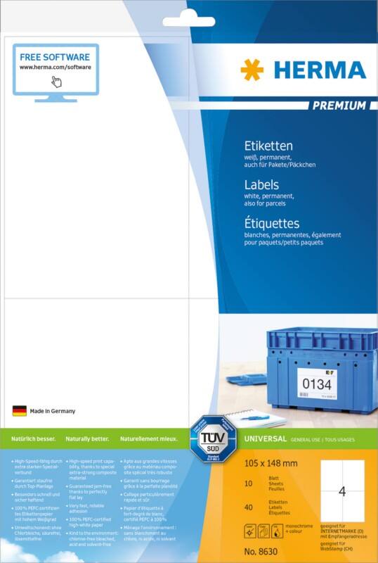 HERMA Multifunktionsetiketten 8630 Weiß Rechteckig 105 x 148 mm 10 Blatt à 4 Etiketten