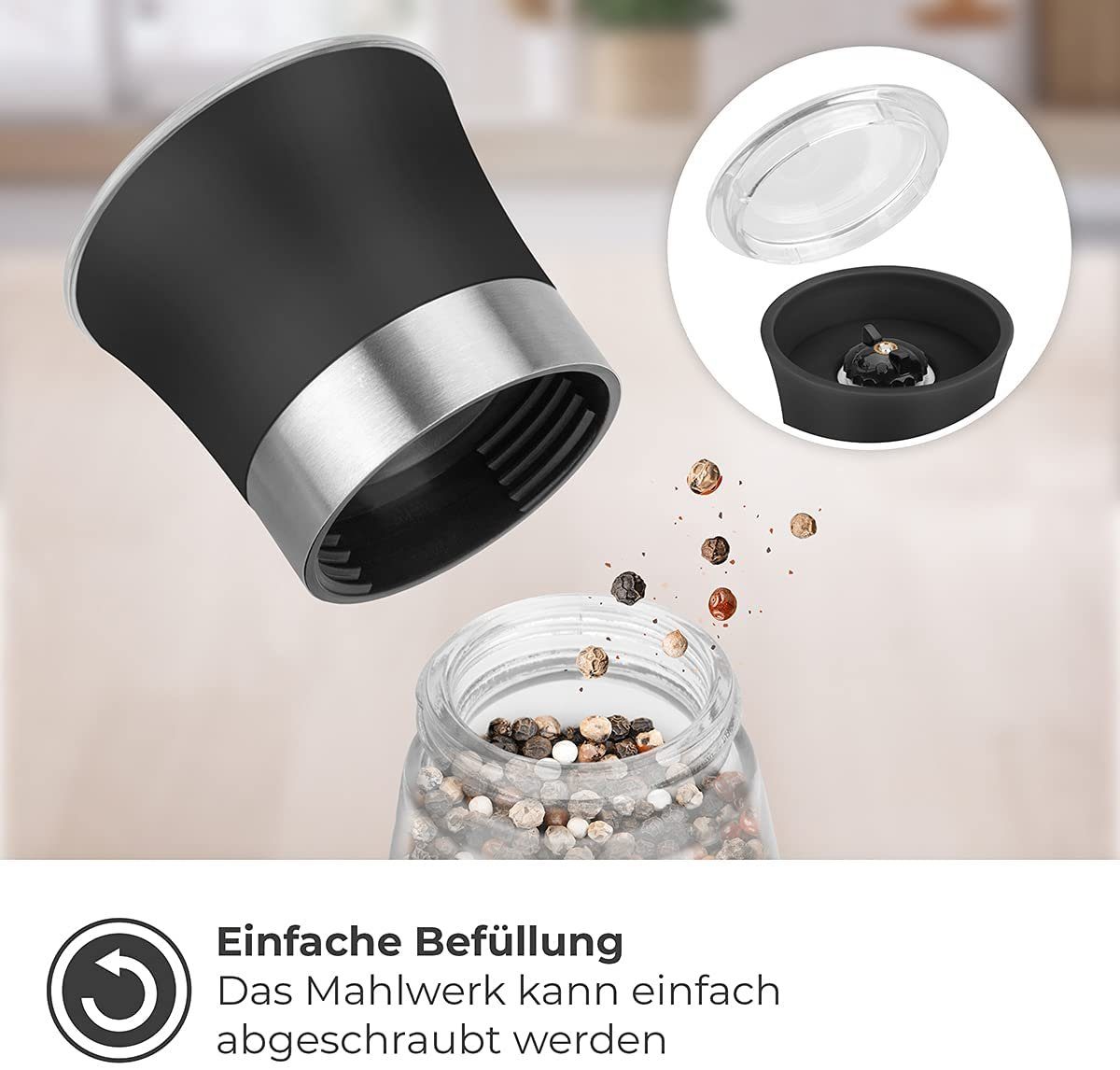 Thingles Gewürzmühle 2er Set Gewürzmühlen Keramikmahlwerk 19cm Schwarz, Schwarz 19 Cm