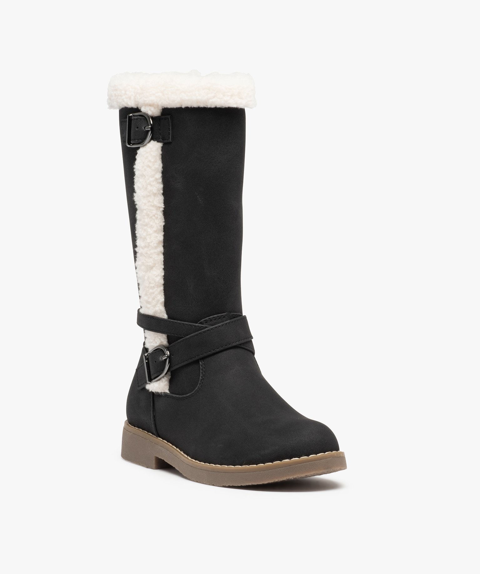 Bottes fille à talon plat et bordures en sherpa noir | GEMO