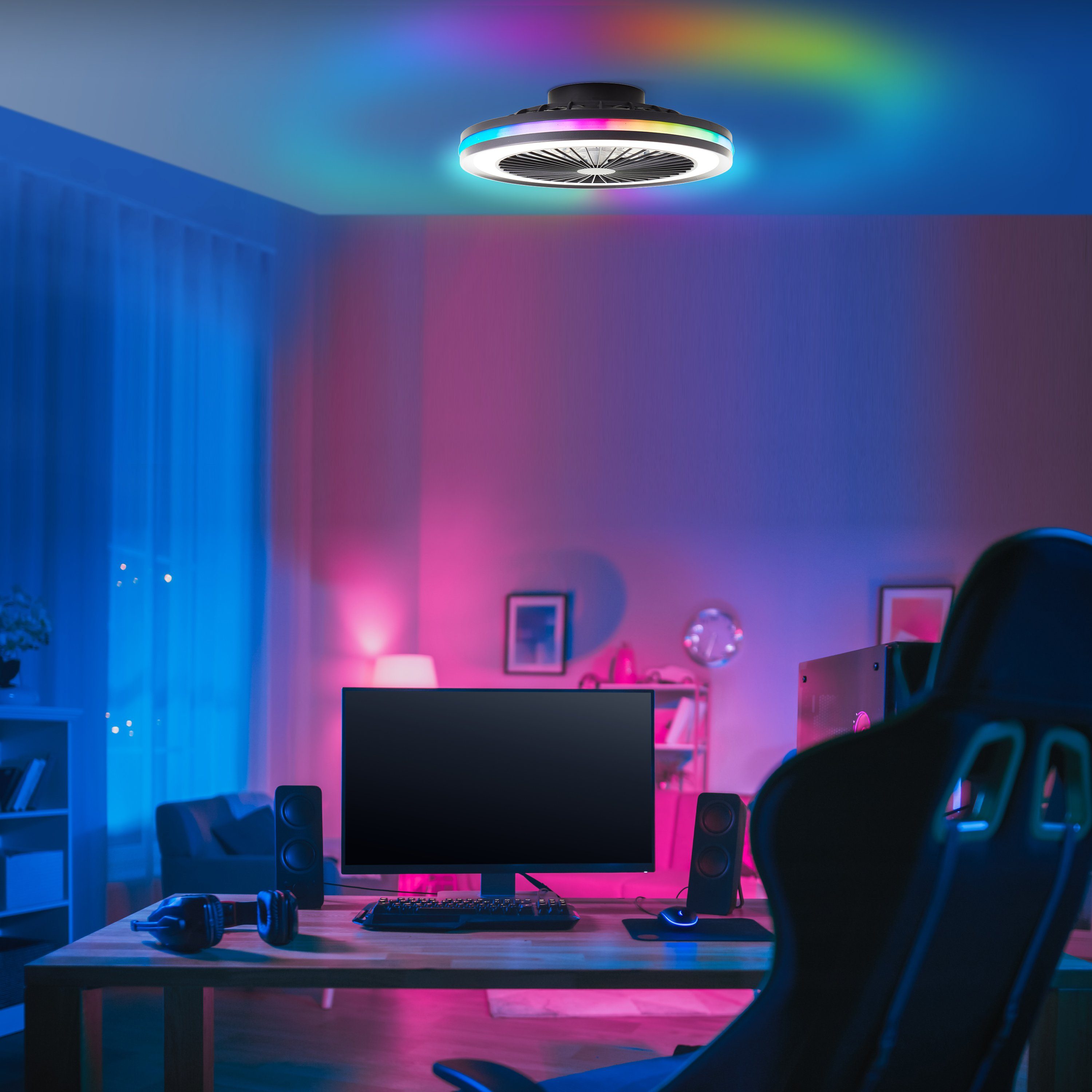 Lightbox LED Deckenleuchte, Ventilatorfunktion, LED fest integriert, warmweiß - kaltweiß, RGB, Deckenlampe, Ventilator, Ø 46,6 cm, Fernbedienung, RGB & CCT
