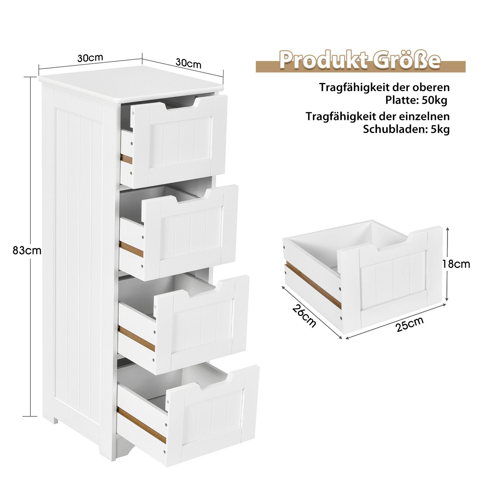 COSTWAY Badkommode, Badezimmerschrank mit 4 Schubladen, 30 x 30 x 83 cm, Weiß