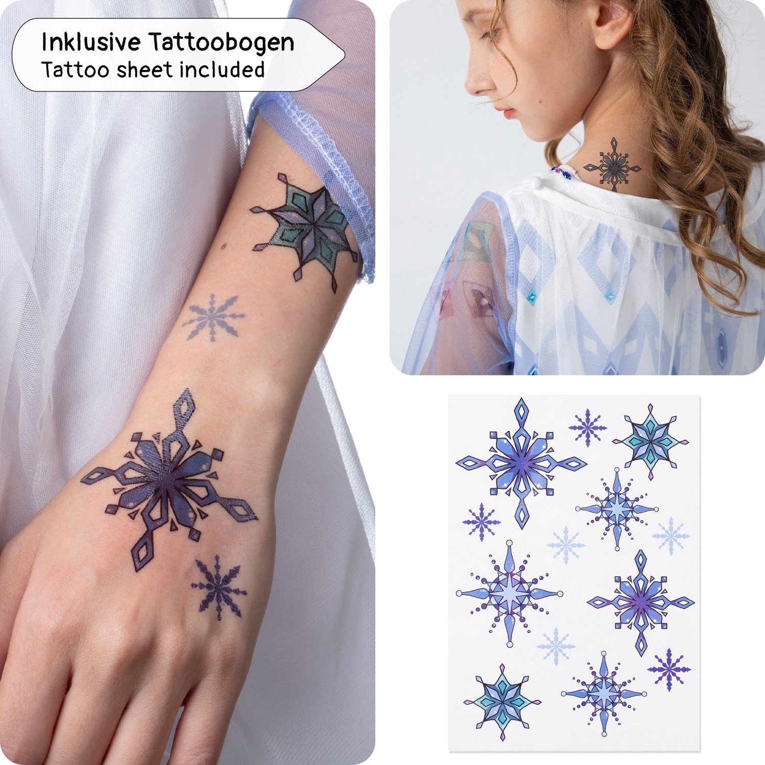 Corimori Prinzessin-Kostüm Prinzessinnen-Kostüm Set für Elsa Fans, Kinder, Mit Eiskönigin Diadem, Tattoo-Bogen für Mädchen, Karneval, Fasching