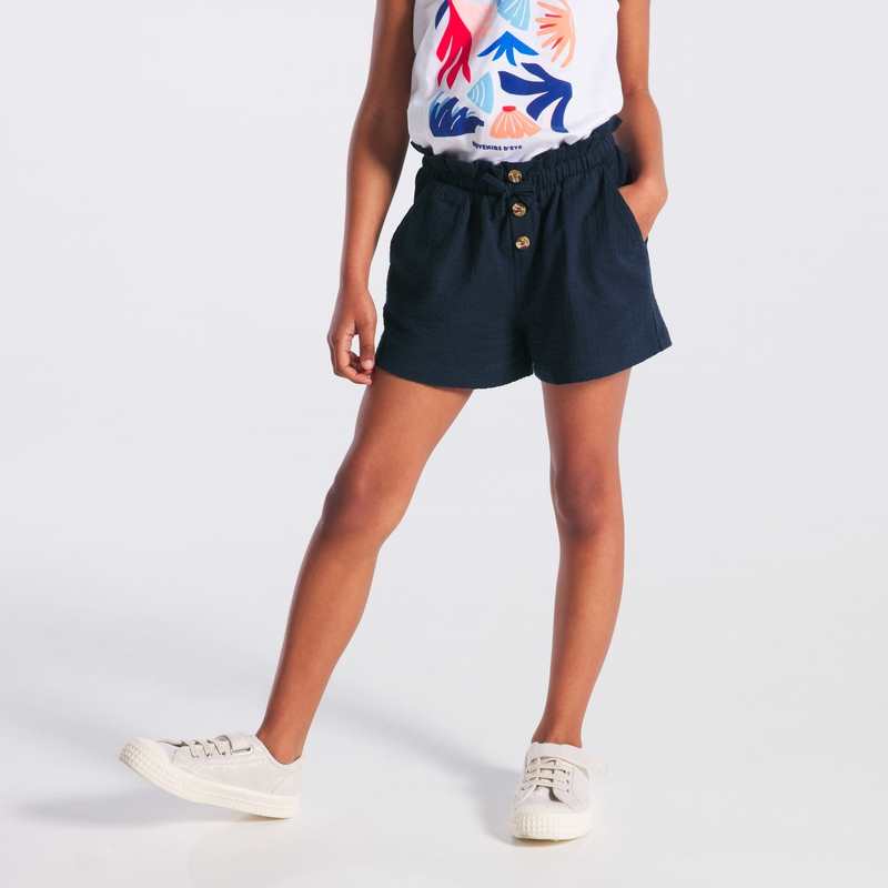 Short taille haute uni bleu fille