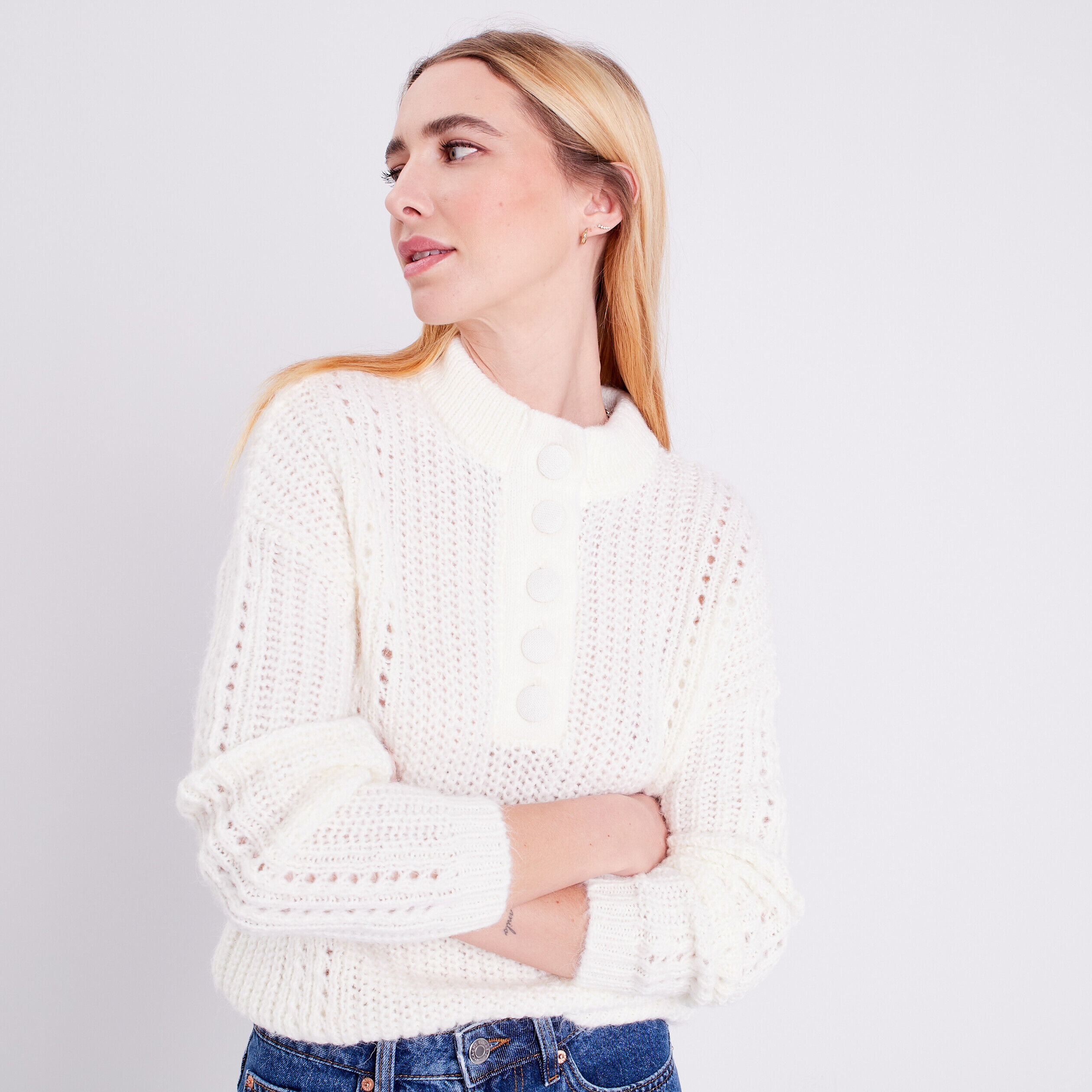 Pull boutonné ecru femme | Cache Cache