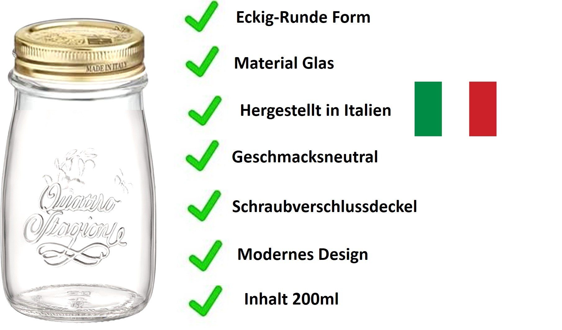 Emilja Joghurtgläser Joghurtglas, Einkochglas Quattro Stagioni 0,2L - 6 Stück mit Deckel, (Set)