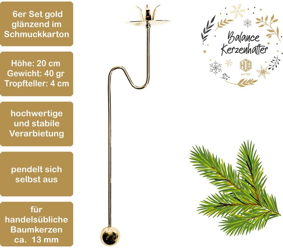hdg Christbaumschmuck Baumkerzenhalter Balancehalter gold glänzend für Weihnachtsbaum, Pendelhalter 6 Stück im Schmuckkarton