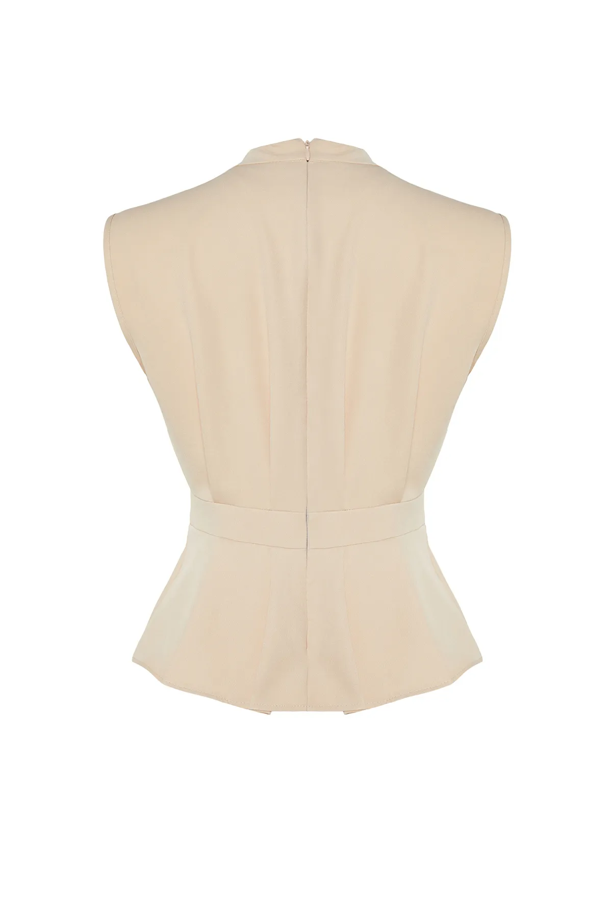 Trendyol Collection  Beigefarbene, ärmellose Webbluse mit Rundhalsausschnitt TWOAW23BZ00559
