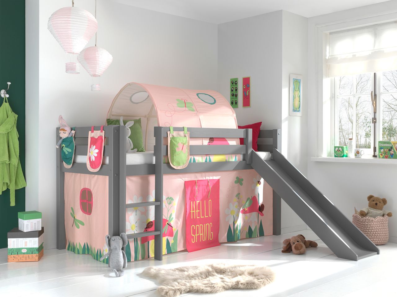 VIPACK Spielbett Pino inkl. Rutsche mit Textilset Vorhang, Tunnel und 3 Taschen 