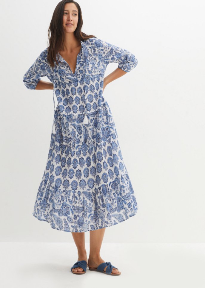 Crincle- Baumwollmidikleid mit Taschen und 3/4- Arm