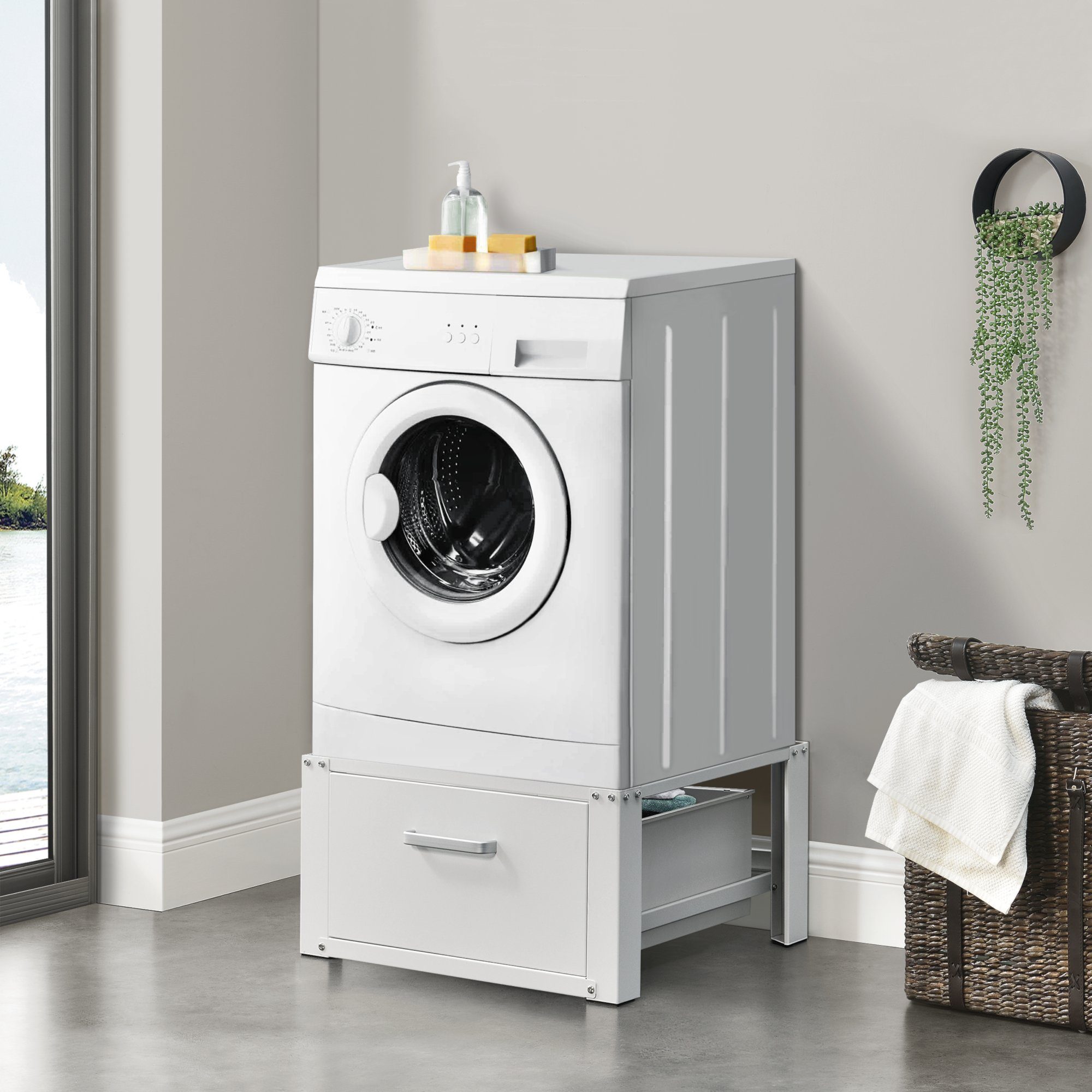 en.casa Unterschrank Comfortixx Waschmaschinen-Sockel mit Schublade Stahl Max. 150 kg