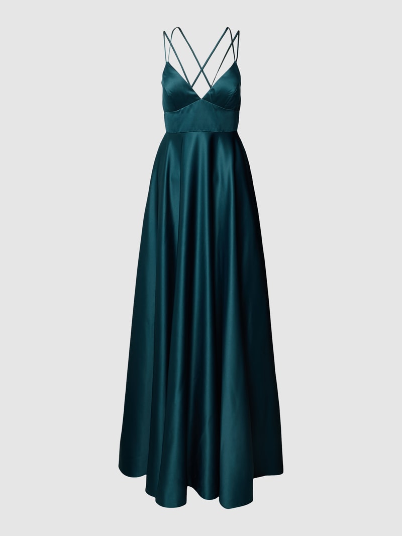Abendkleid mit gekreuzten Spaghettiträgern in dunkelgrün meliert
