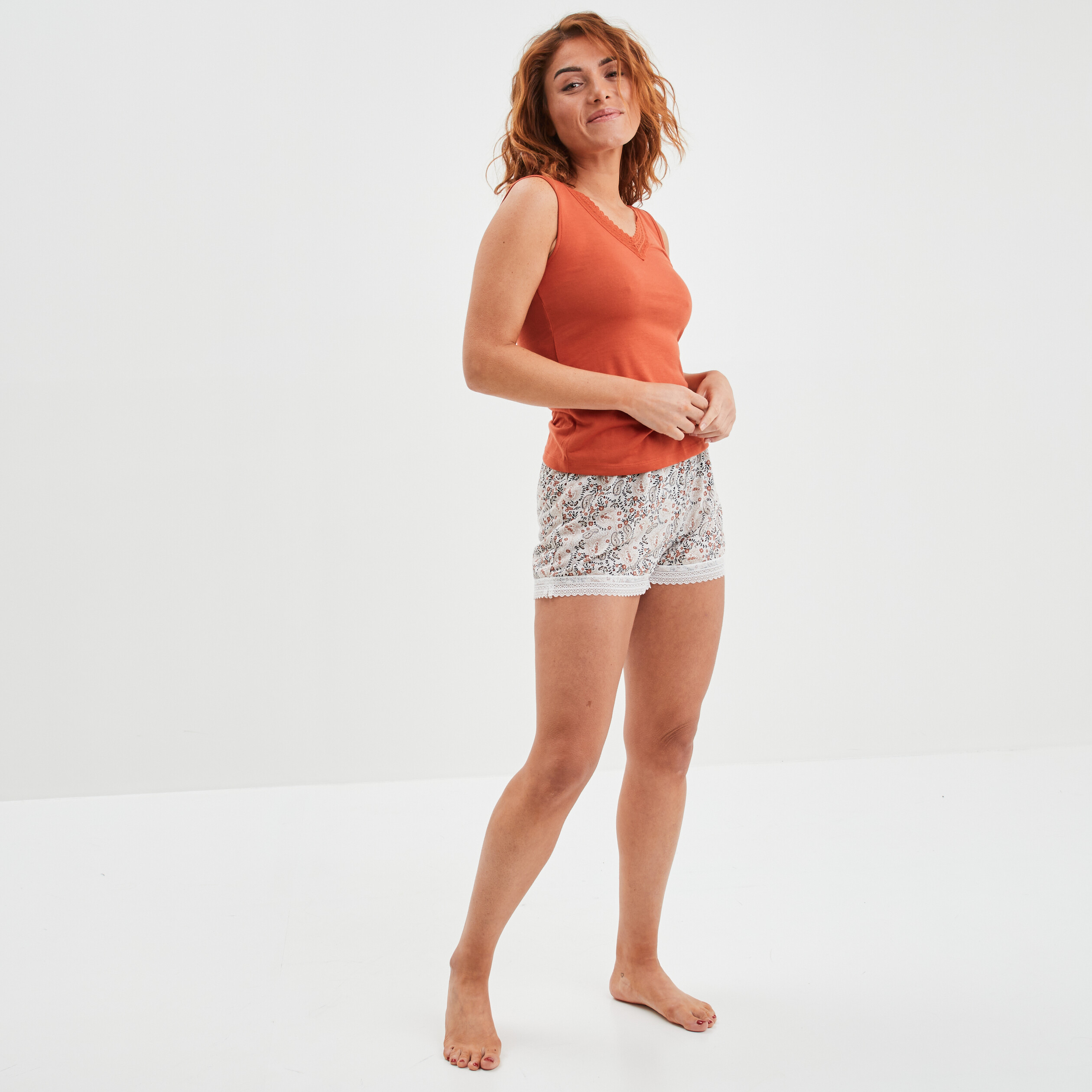 Short de pyjama avec dentelle beige femme | La Halle