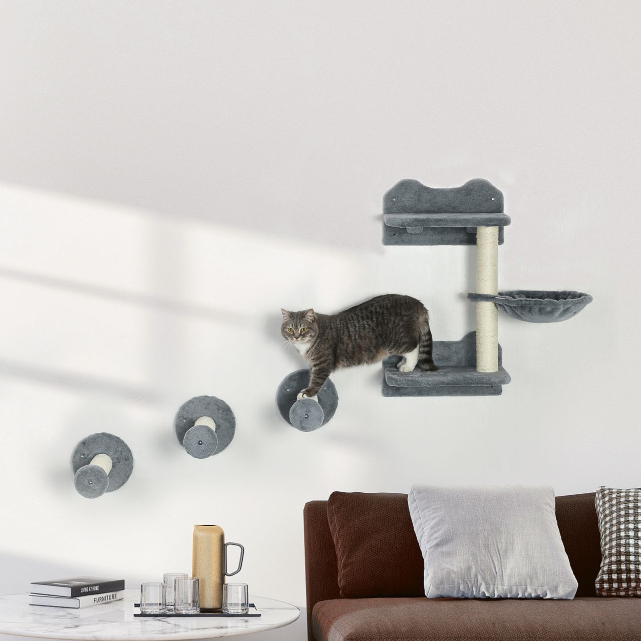 PawHut Katzen Kletterwand, 4-teilig, Kletterwand Set, Katzenkletterwand, Grau