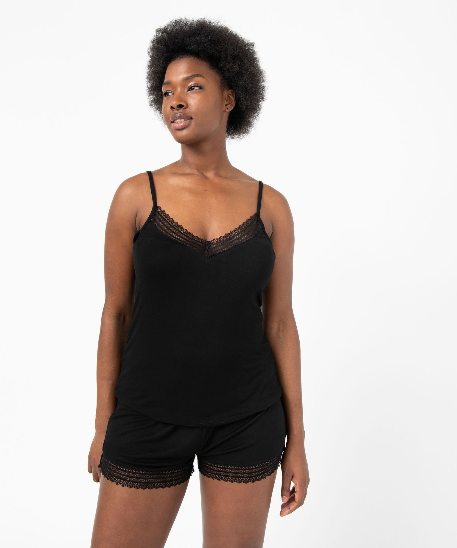 Short de pyjama femme en maille fluide avec bas en dentelle noir | GEMO