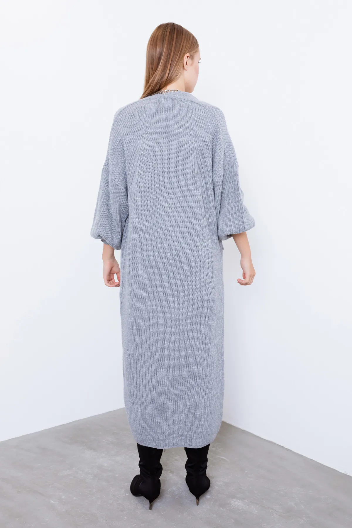 Lafaba  Grauer langer Damen-Cardigan mit Ballonärmeln