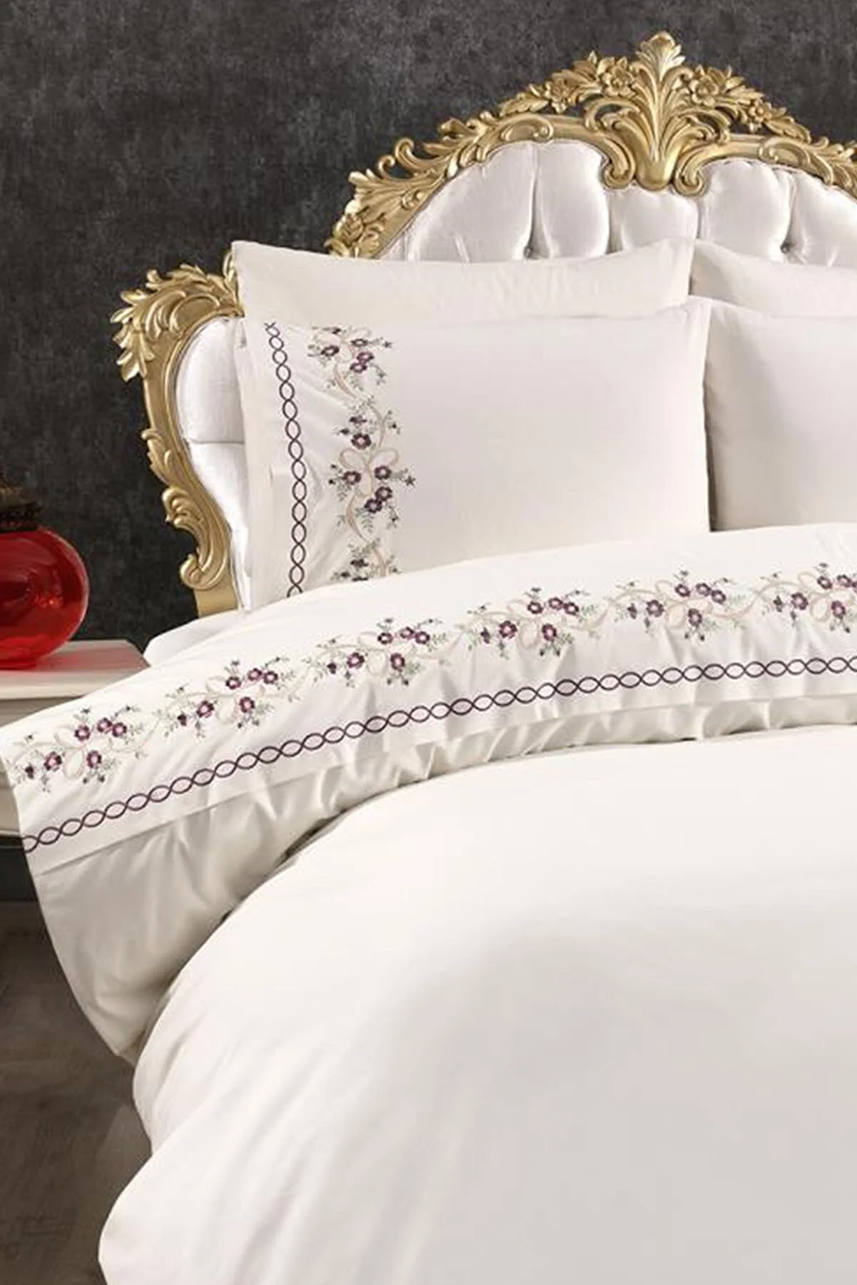 Çeyiz Diyarı  Nevruz besticktes 6-teiliges Bettbezug-Set aus 100 % Baumwolle, Creme