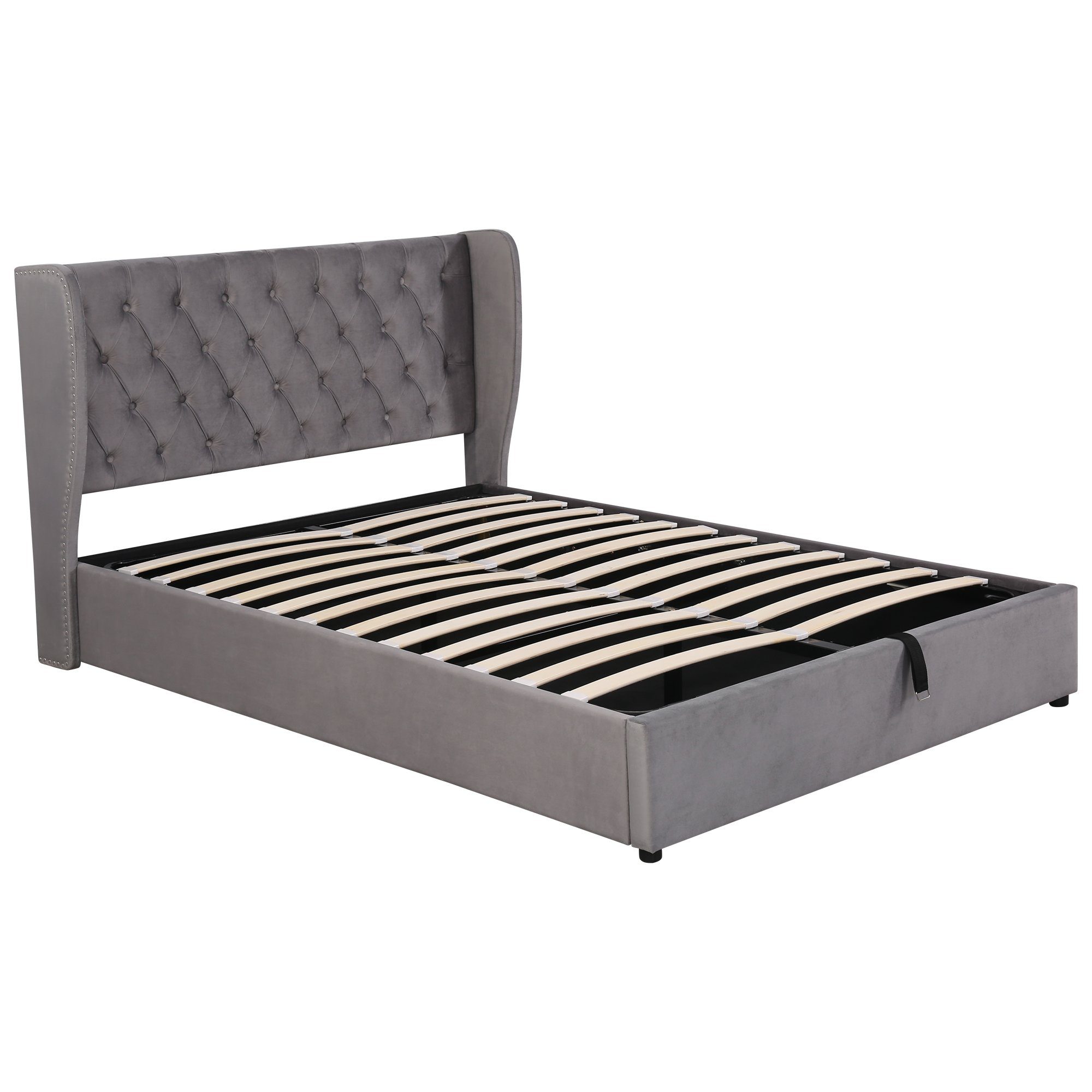 OKWISH Polsterbett Doppelbett Stauraumbett, Kiefernholz Flanell 140*200cm Ohne Matratze