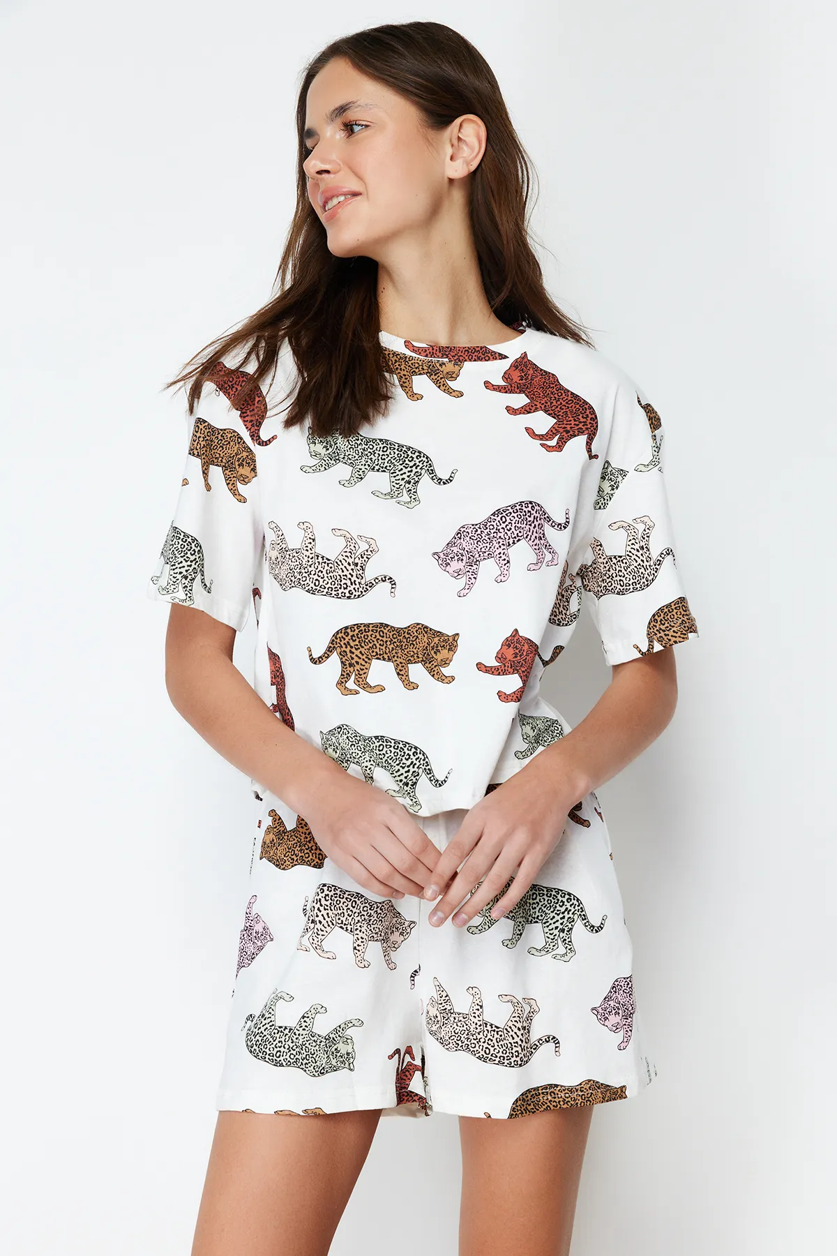Trendyol Collection  Damen-Pyjama-Set aus 100 % Baumwolle mit Tiermuster, ecrufarben THMSS24PT00078
