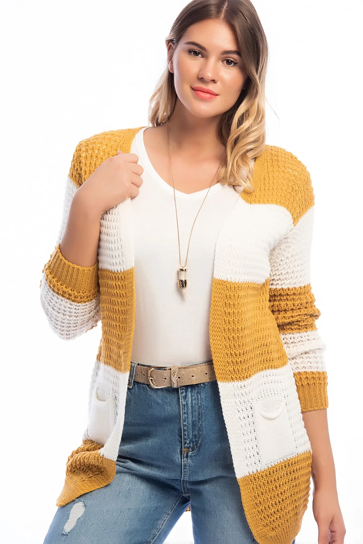 Şans  Damen-Cardigan in Senfgelb mit durchbrochenem Strick, groß, bunt, 65n14876