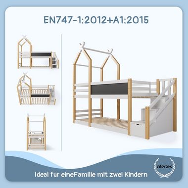FUROKOY Holzbett Baumhaus Tafel Bett mit Speicherung und Rausfallschutz mit Wandtafel, , Etagenbett Hochbett 90 x 200 cm Natur & Weiß
