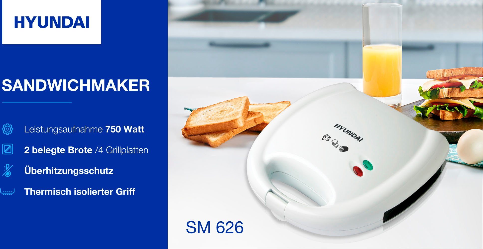 Hyundai Sandwichmaker SM626, 750 W, Lichtsignalisierung, Sicherheits-Thermosicherung, Temperaturautomatik
