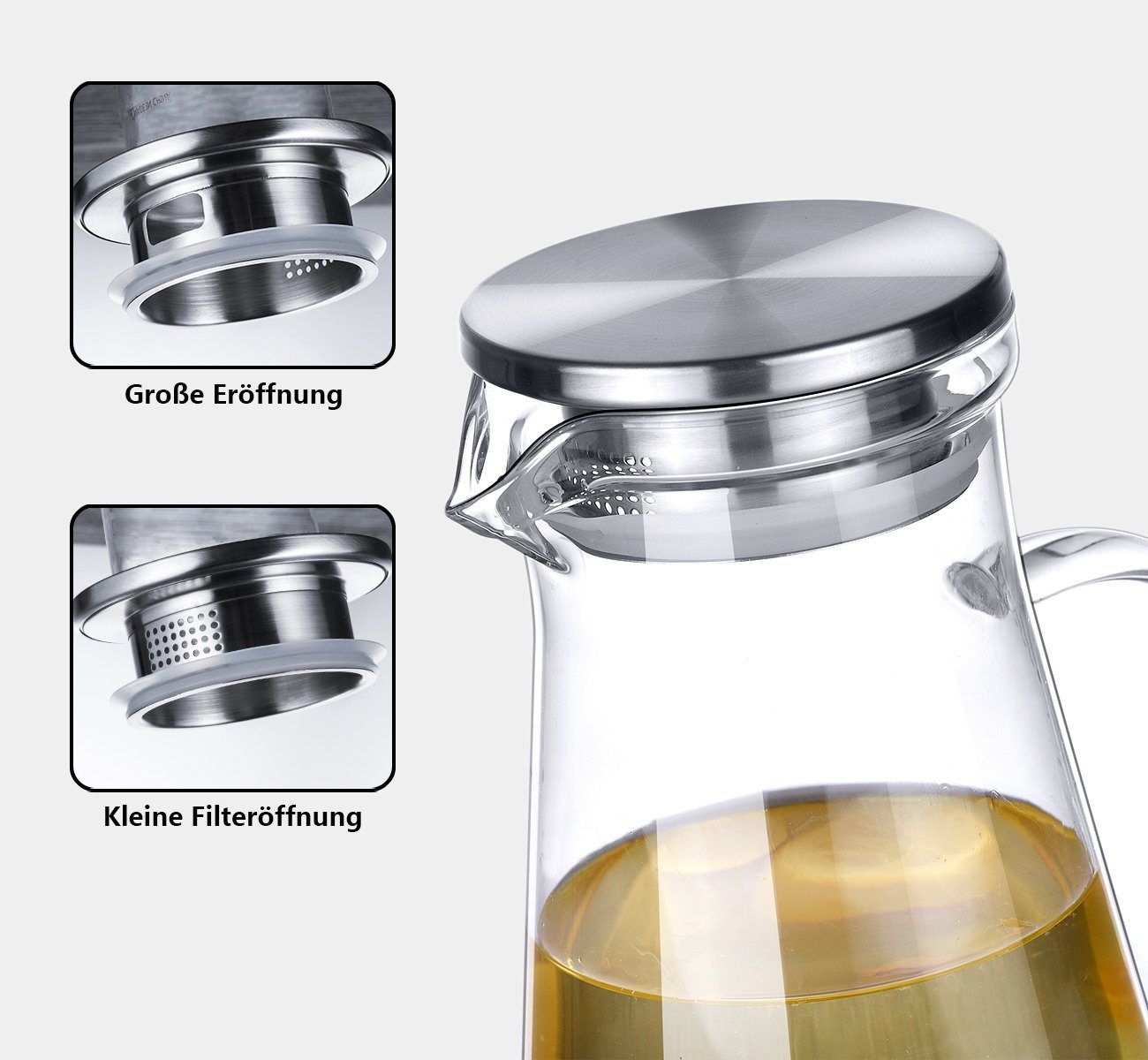 Homewit Wasserkaraffe 2,2L Glas Wasserkaraffe Wasserkrug Kühlkaraffe Glaskaraffe mit Edelstahl Filter, (Set, 1-tlg., 2.2 L), für die Zubereitung und Servierung von heißen oder kalten Getränken