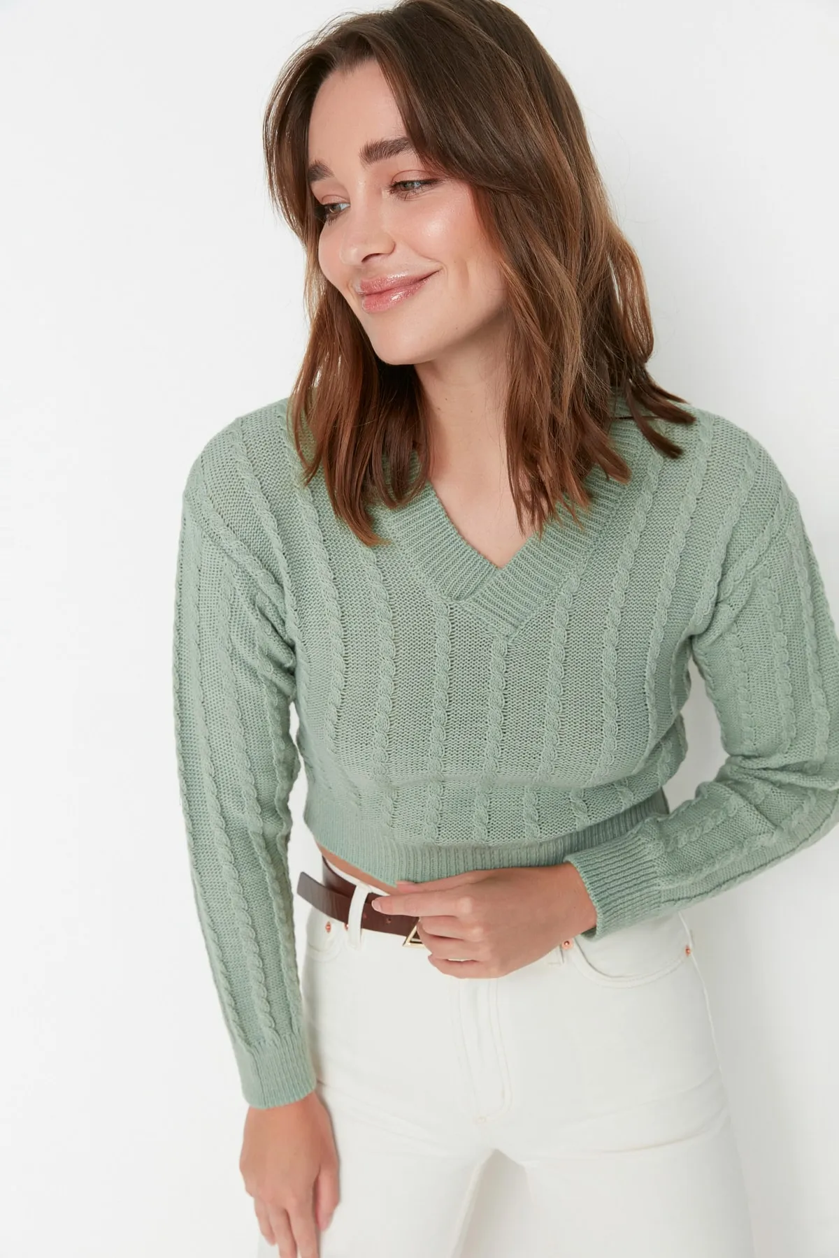 Trendyol Collection  Mintgrüner, kurzer Strickpullover mit Detail TWOAW23KZ00804