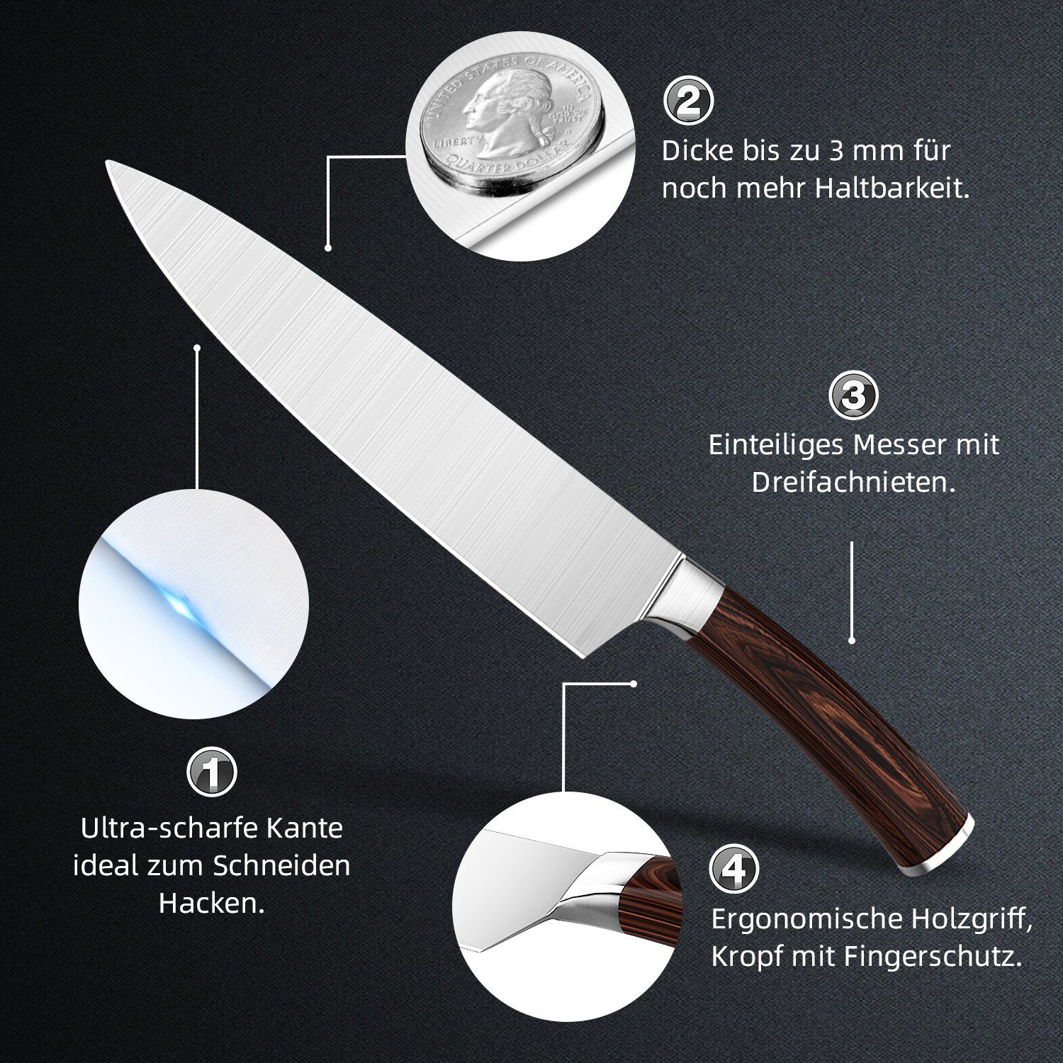 Authmic Kochmesser Küchenmesser, Kochmesser, Edelstahlmesser, lange Klinge, Extra scharfes küchenmesser aus Damast-Messerset