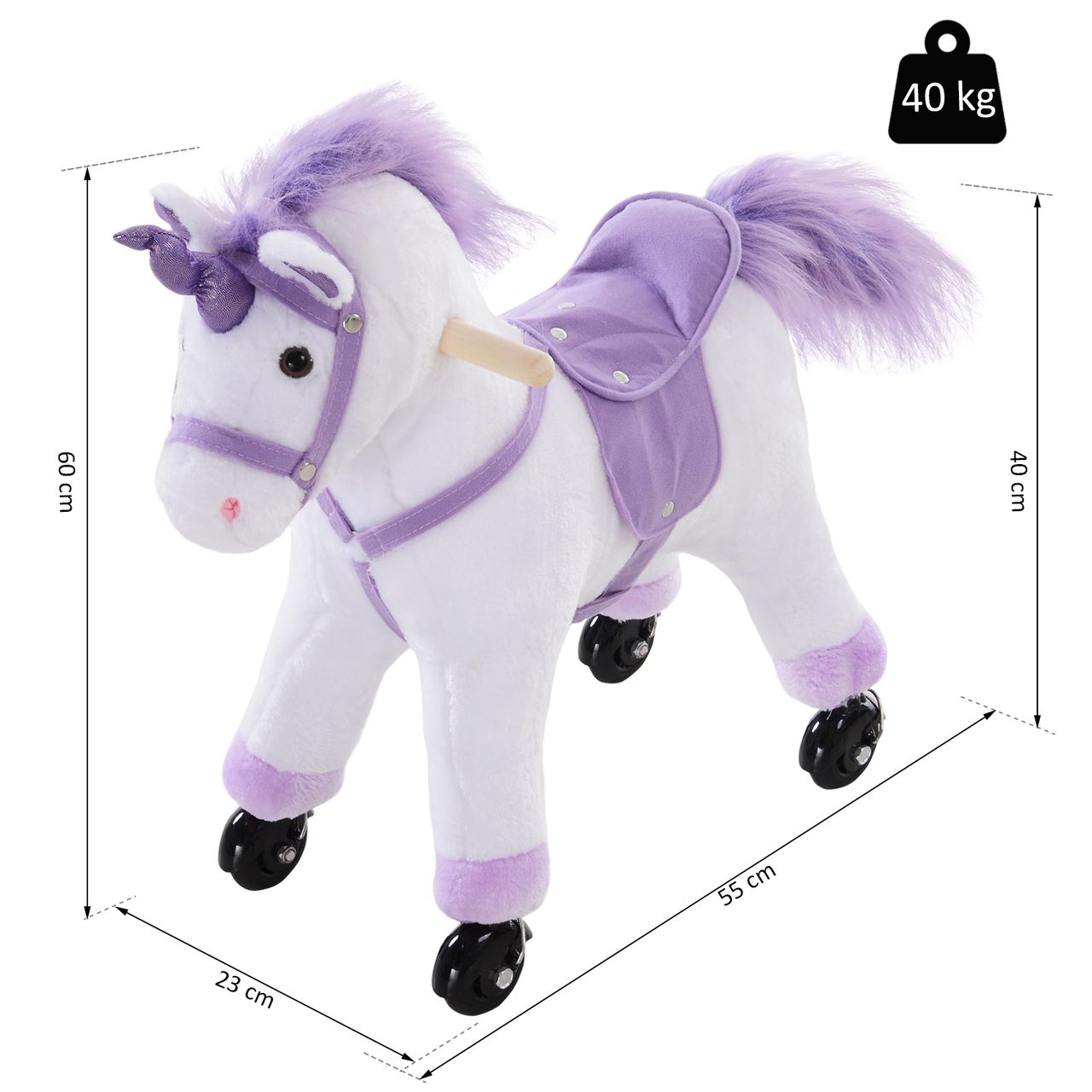 HOMCOM Reitpferd auf Rollen Spielpferd Reittier Fortbewegung Wiehern Plüsch Lila 55 x 23 x 60 cm