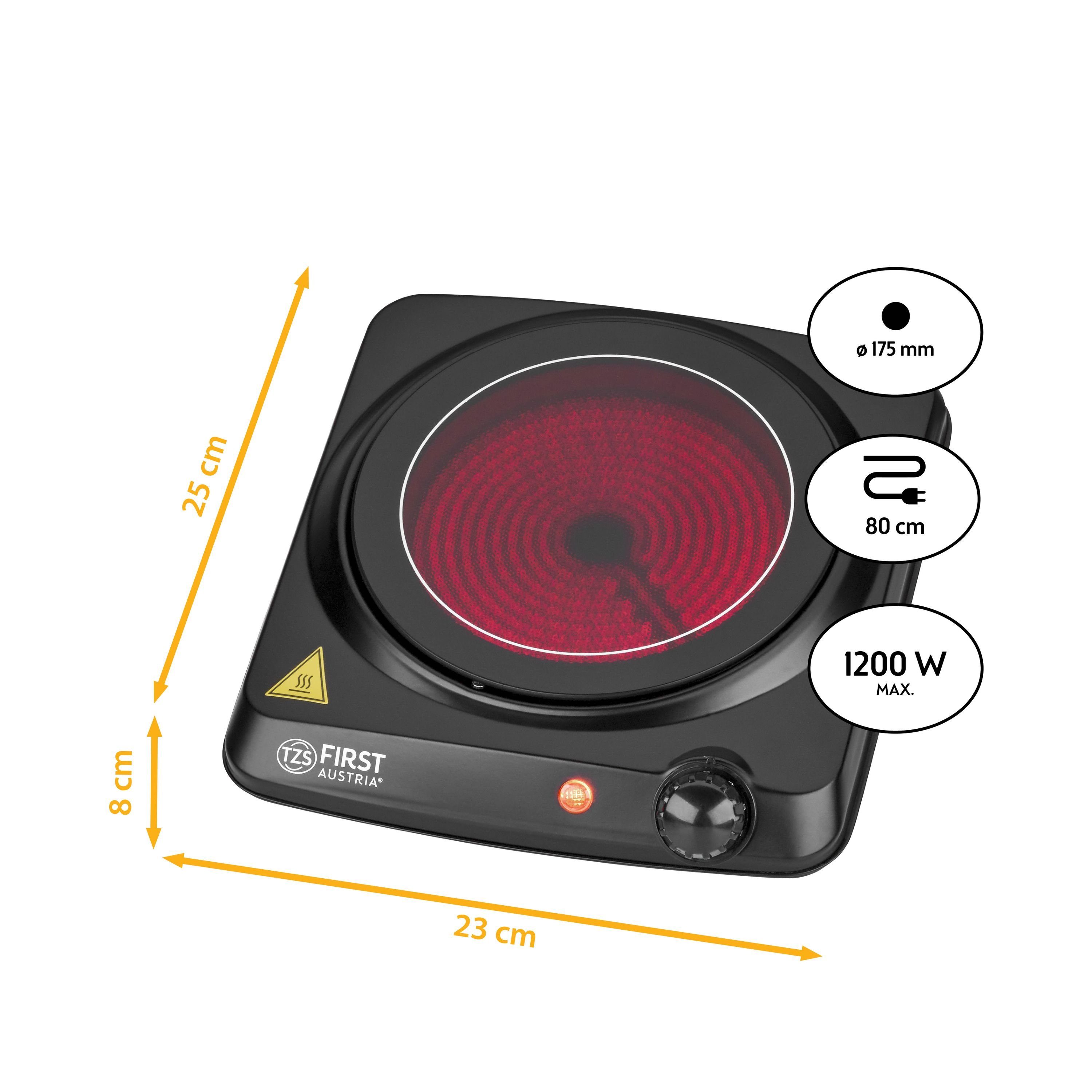 TZS FIRST AUSTRIA Doppelkochplatte Einzelkochplatte 1200W, Glaskeramik, Kochplatte, Herdplatte Camping, 1200W, stufenloser Temperaturregelung, mobile Kochplatte, 17,5 cm