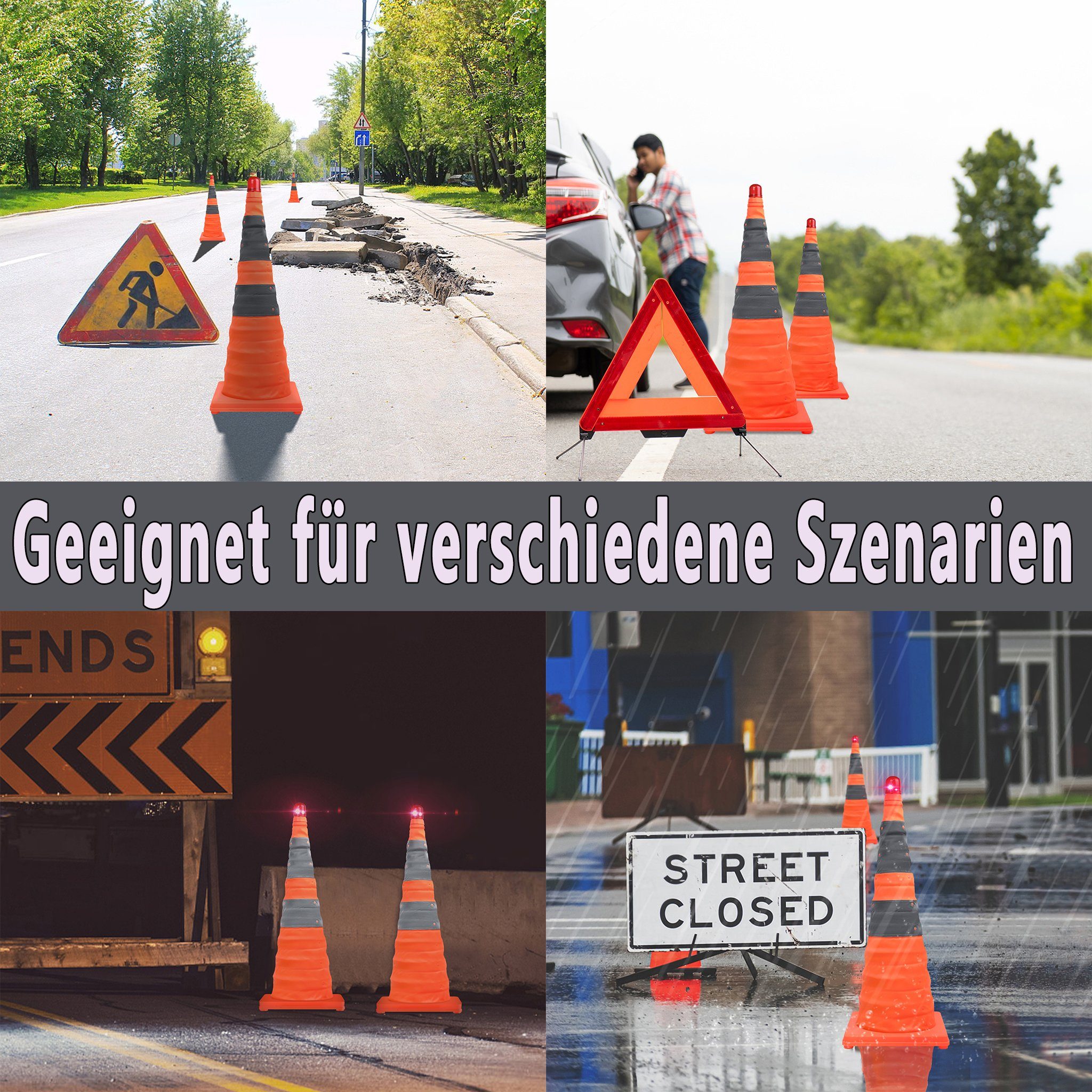 AUFUN Pylone Warnleitkegel Pylon Faltkegel 70cm, Warnkegel in Orange 4/8/16 Stück (Warnkegel Faltkegel Verkehrsleitkegel Markierungshütchen Mehrzweck, 4 St), 28 Zoll Zusammenklappbare Verkehrskegel Sicherheitskegel