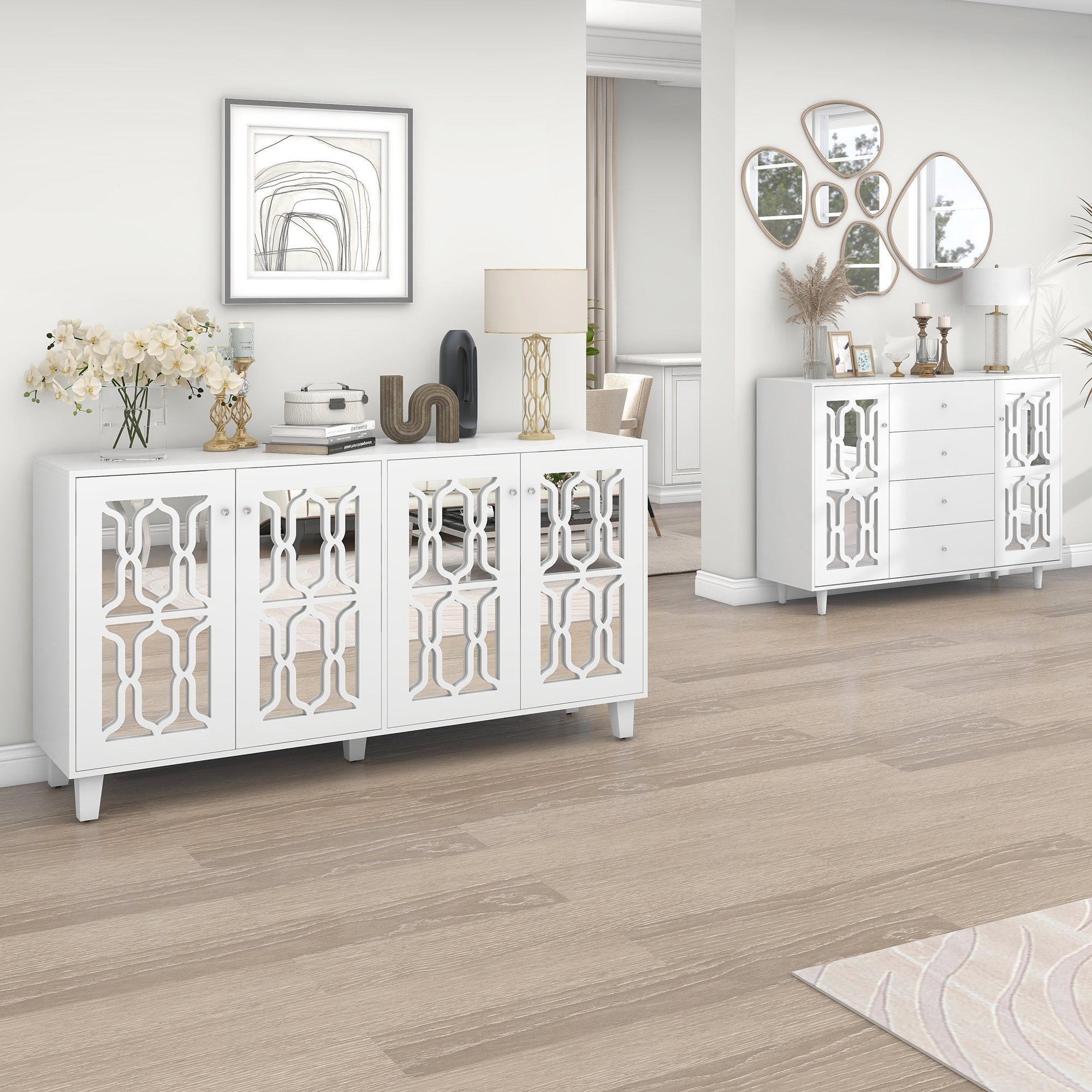 Merax Sideboard mit Spiegelelementen und geometrischem Trellis-Muster, Kommode mit vier Schubladen und Spiegelfront, Anrichte, Breite:148cm