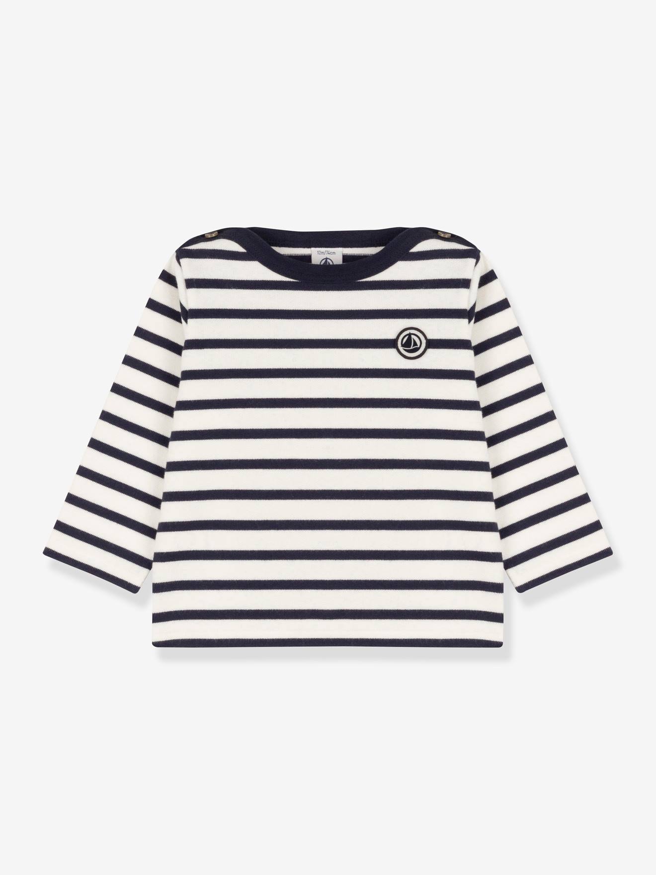 Marinière bébé manches longues en coton bio PETIT BATEAU blanc rayé marine