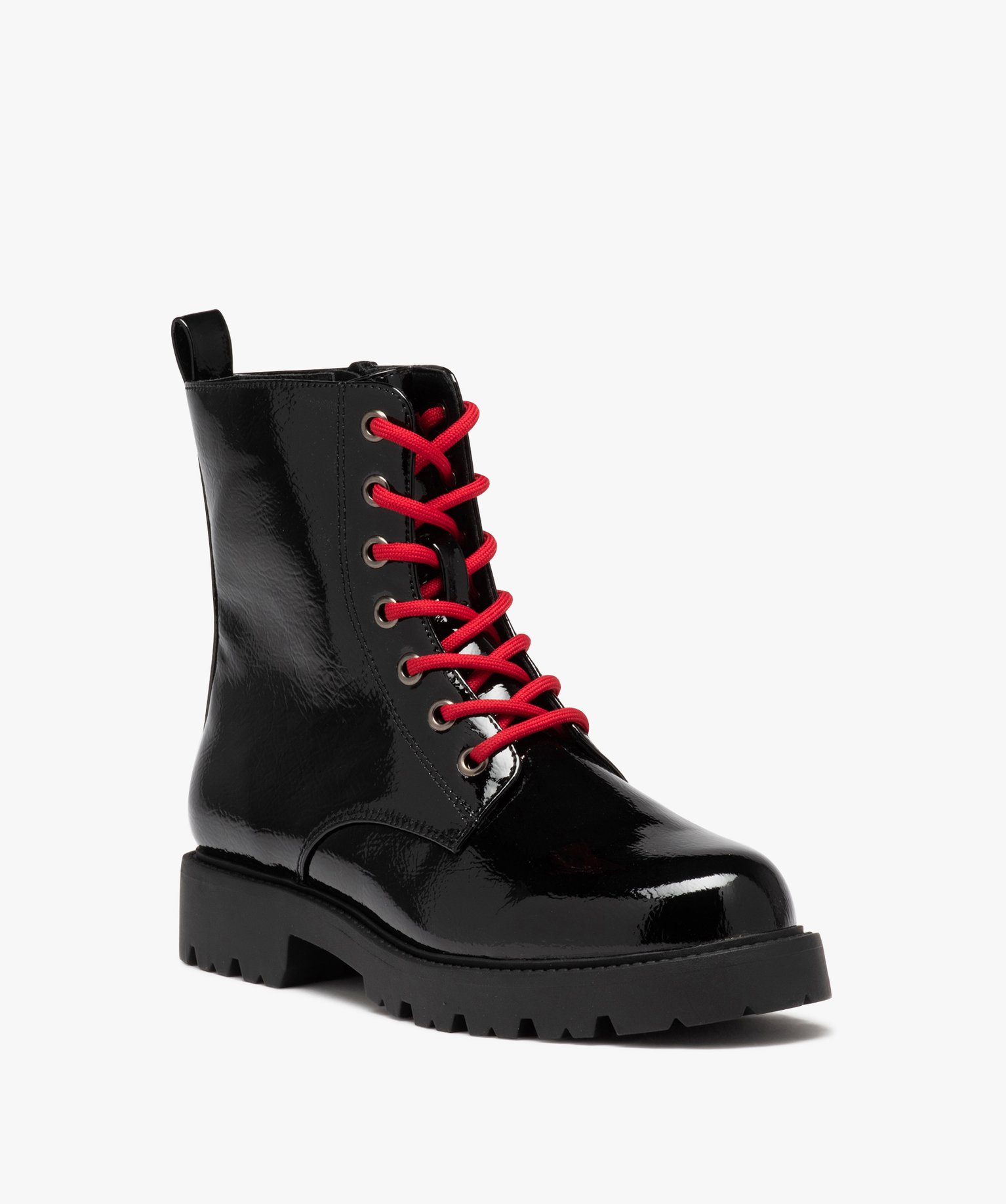 Boots femme mid-cut dessus uni verni à lacets colorés noir | GEMO