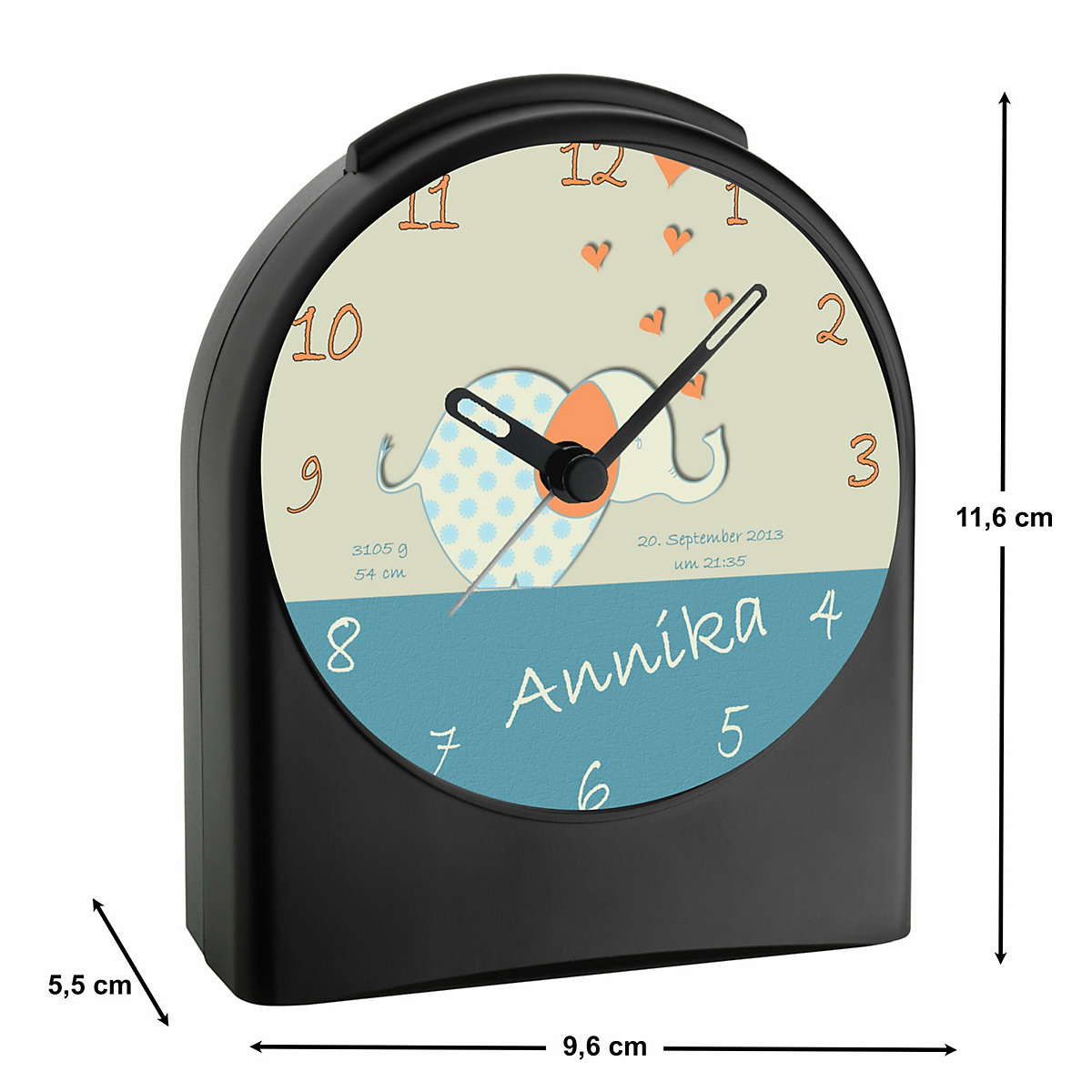 Kinder Funkwecker personalisiert mit Namen Elefefant Atom-/Funkuhr, 12-Stunden-Anzeigeformat, Schlummerfunktion, Nachtlicht, Geräuschlos/Ohne Ticken