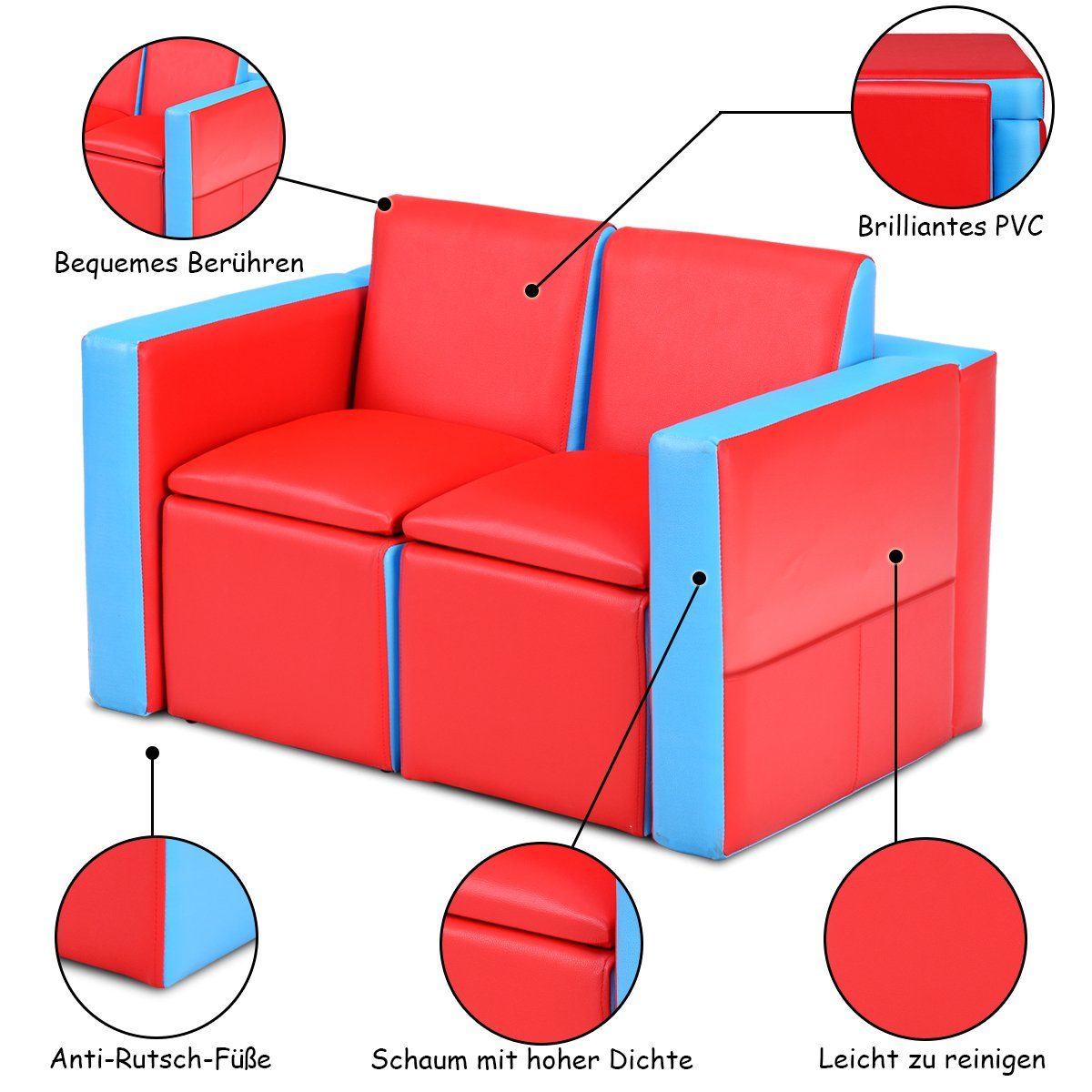 COSTWAY Kindersofa, Kindertisch mit 2 Stühlen mit Stauraum, 2 in 1 umwandelbar