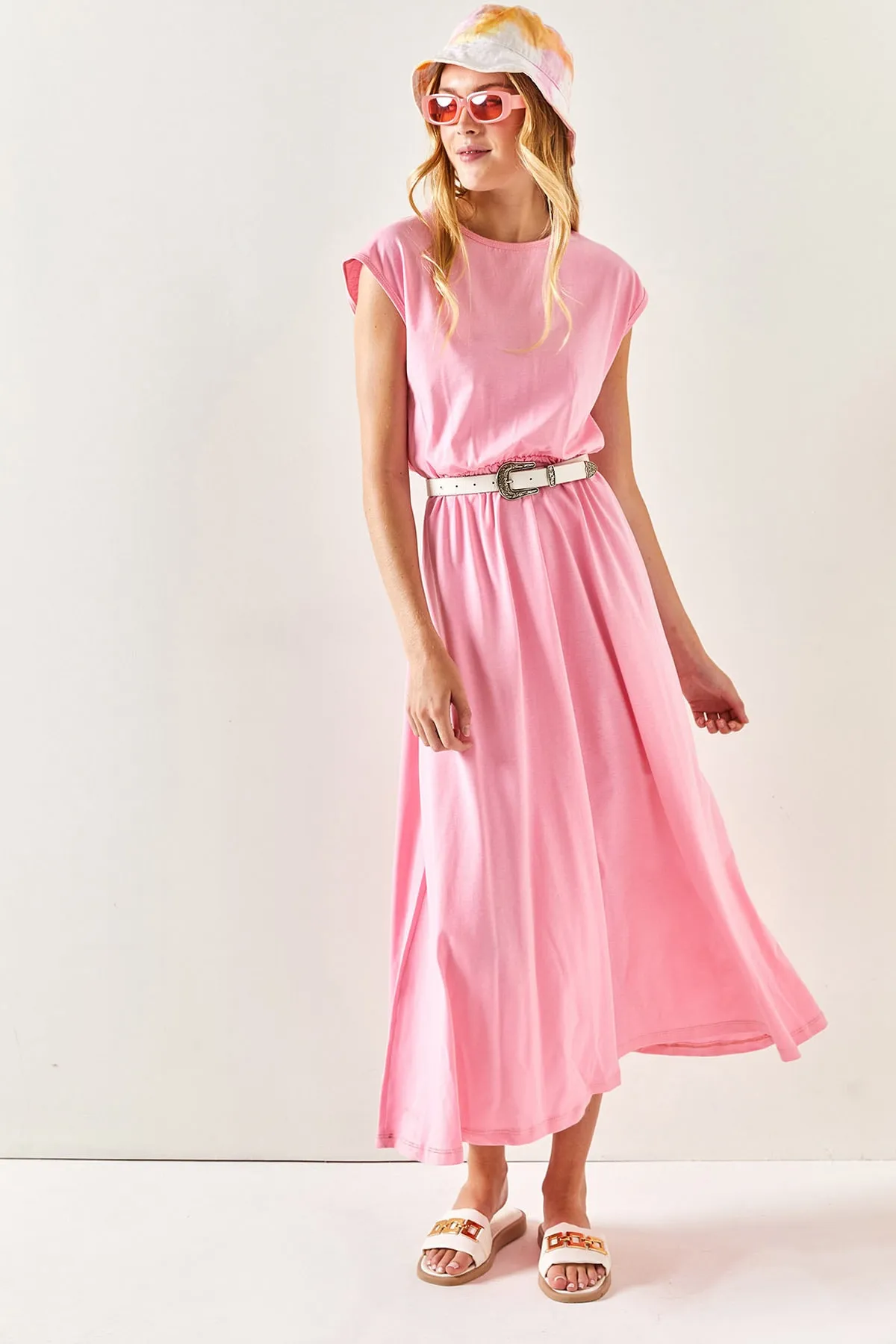 Olalook  Rosa Fledermaus-Baumwollkleid für Damen mit elastischem Bund ELB-19001509