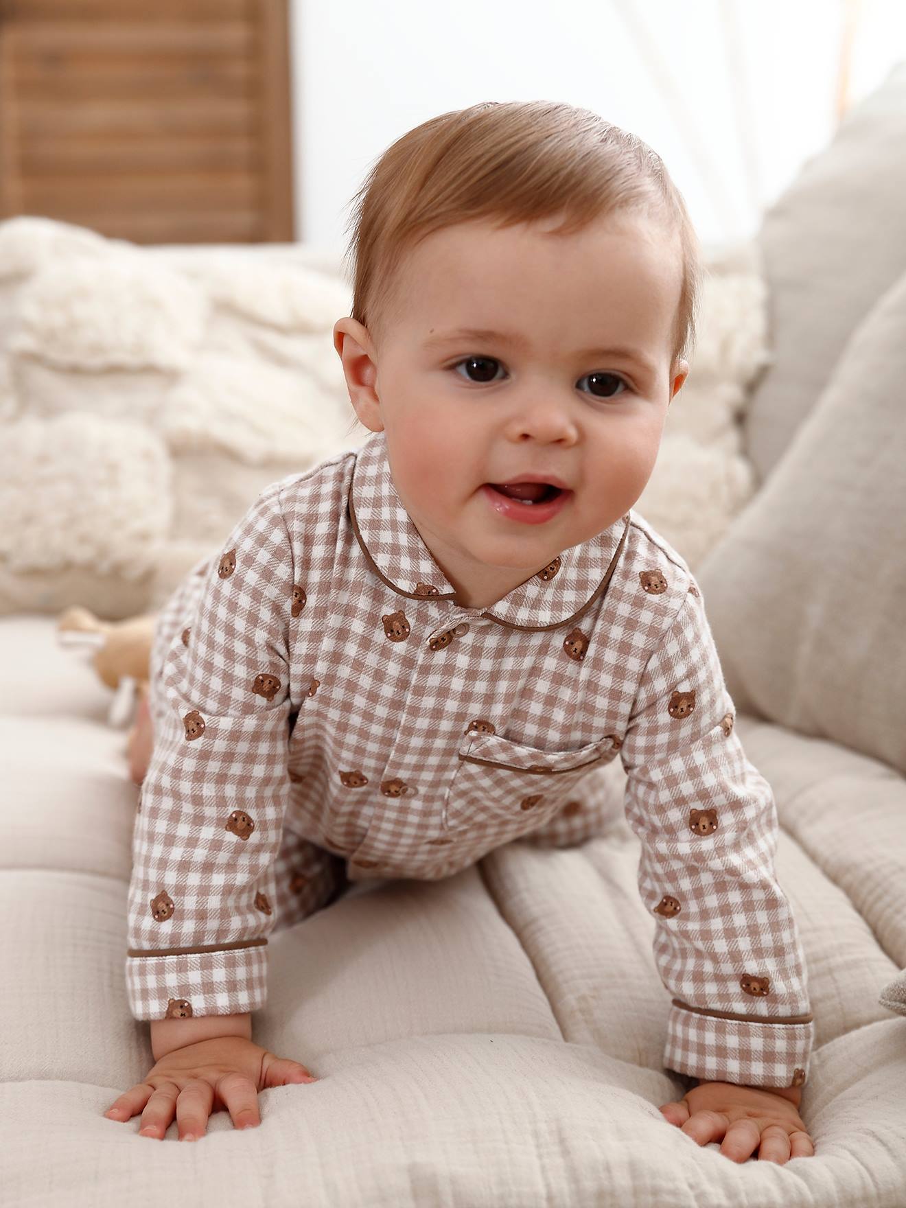 Dors-bien rayé bébé garçon en coton ouverture devant beige
