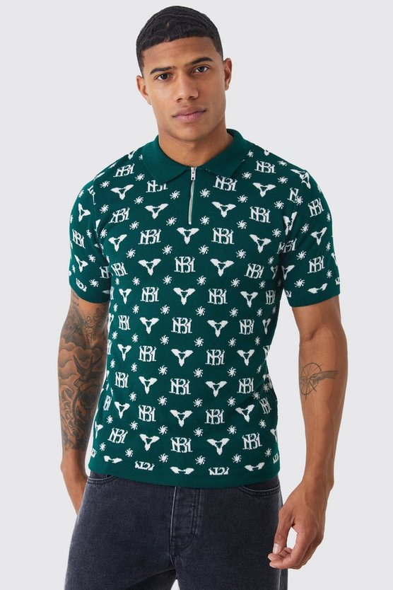 Muscle-Fit Jacquard Poloshirt mit halbem Reißverschluss