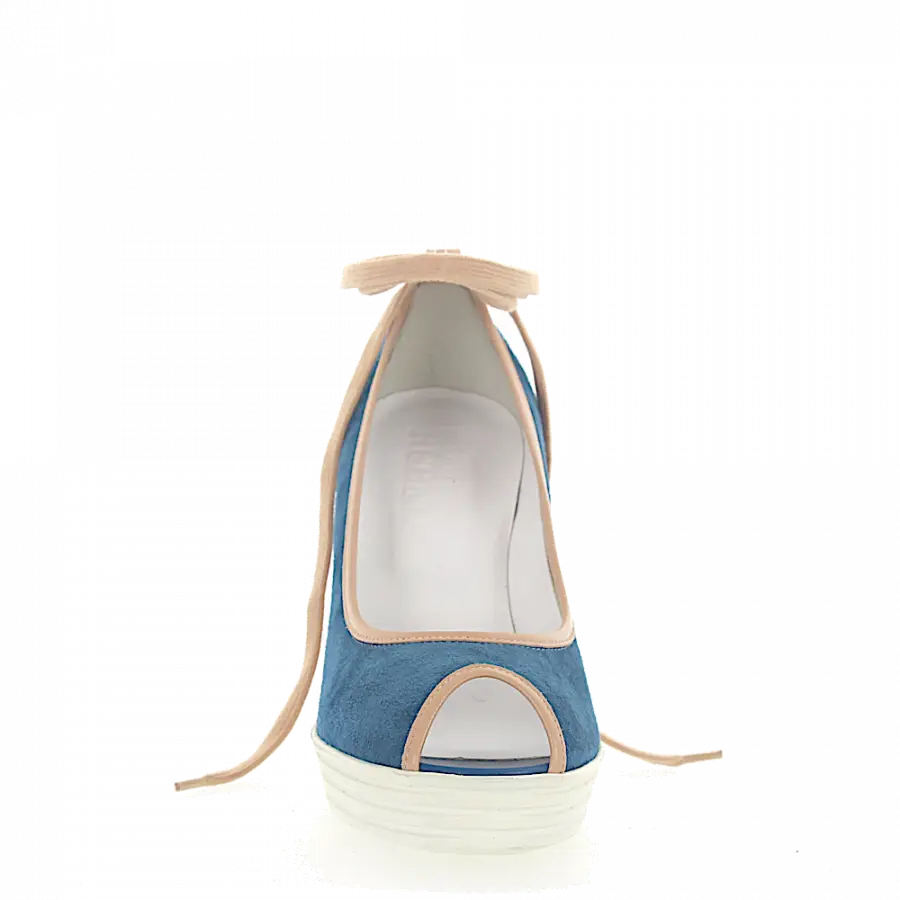 Hogan - Wedge Sandalen Peeptoe Plateau Veloursleder blau Leder beige - blau