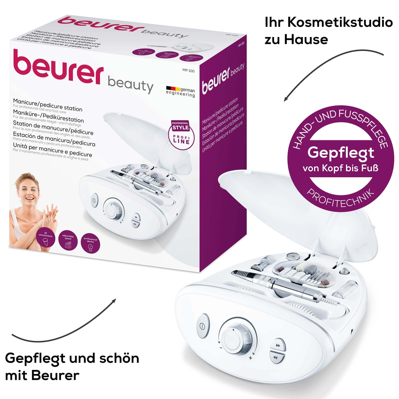 Beurer Maniküre-/Pedikürestation MP 100-Professioneller Nagelfräser stufenlos regelbar mit 10 Aufsätzen