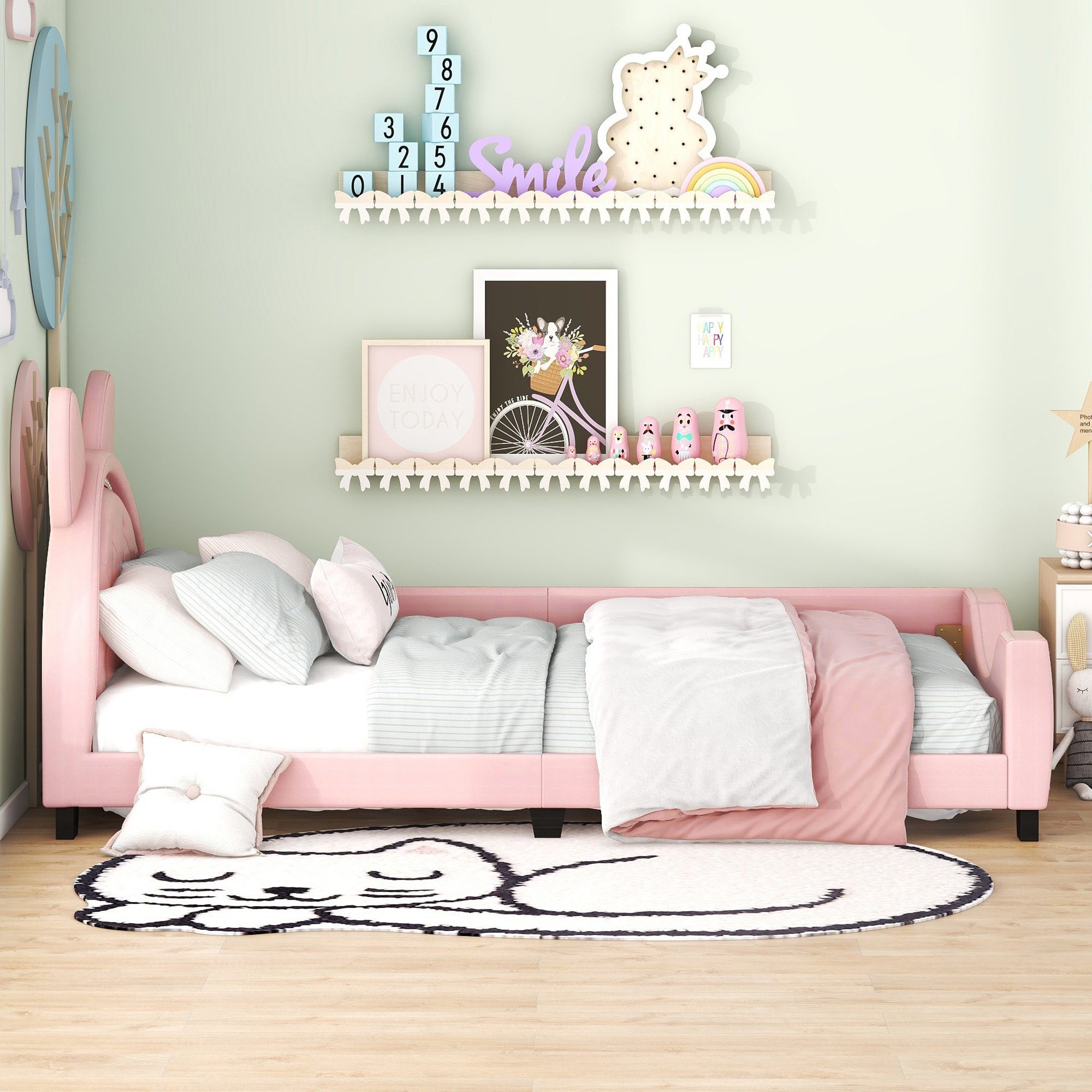 REDOM Polsterbett Einzelbett, Kinderbett, mit Holz Lattenroste und Rückenlehne (Form von Karton-Ohren, 90 x 200cm), Ohne Matratze