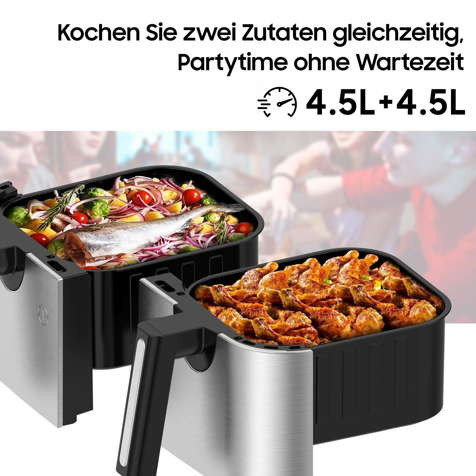 Sintech Heißluftfritteuse Dual Zone Heißluftfritteuse 9L, 8 Programmen Airfryer mit 2 Körben, Friteuse Heissluft ohne Öl, Dual Cook