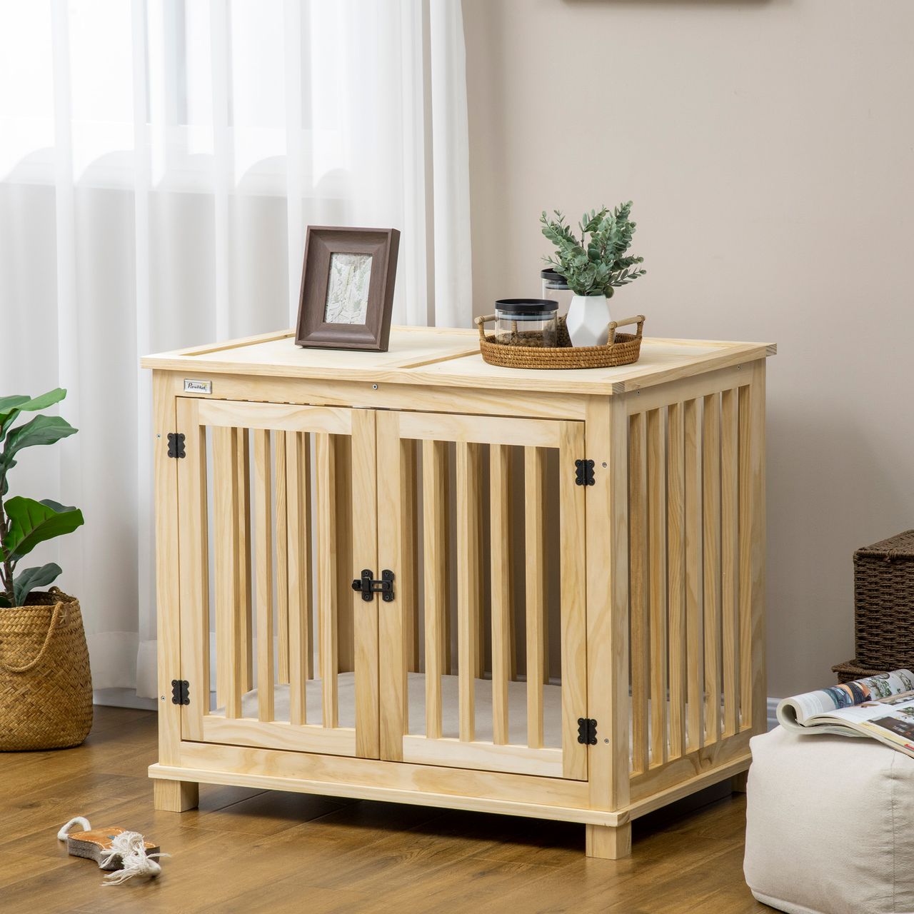 PawHut Hundekäfig, Tierkäfig aus Holz, Haustierkäfig für mittelgroße Hunde