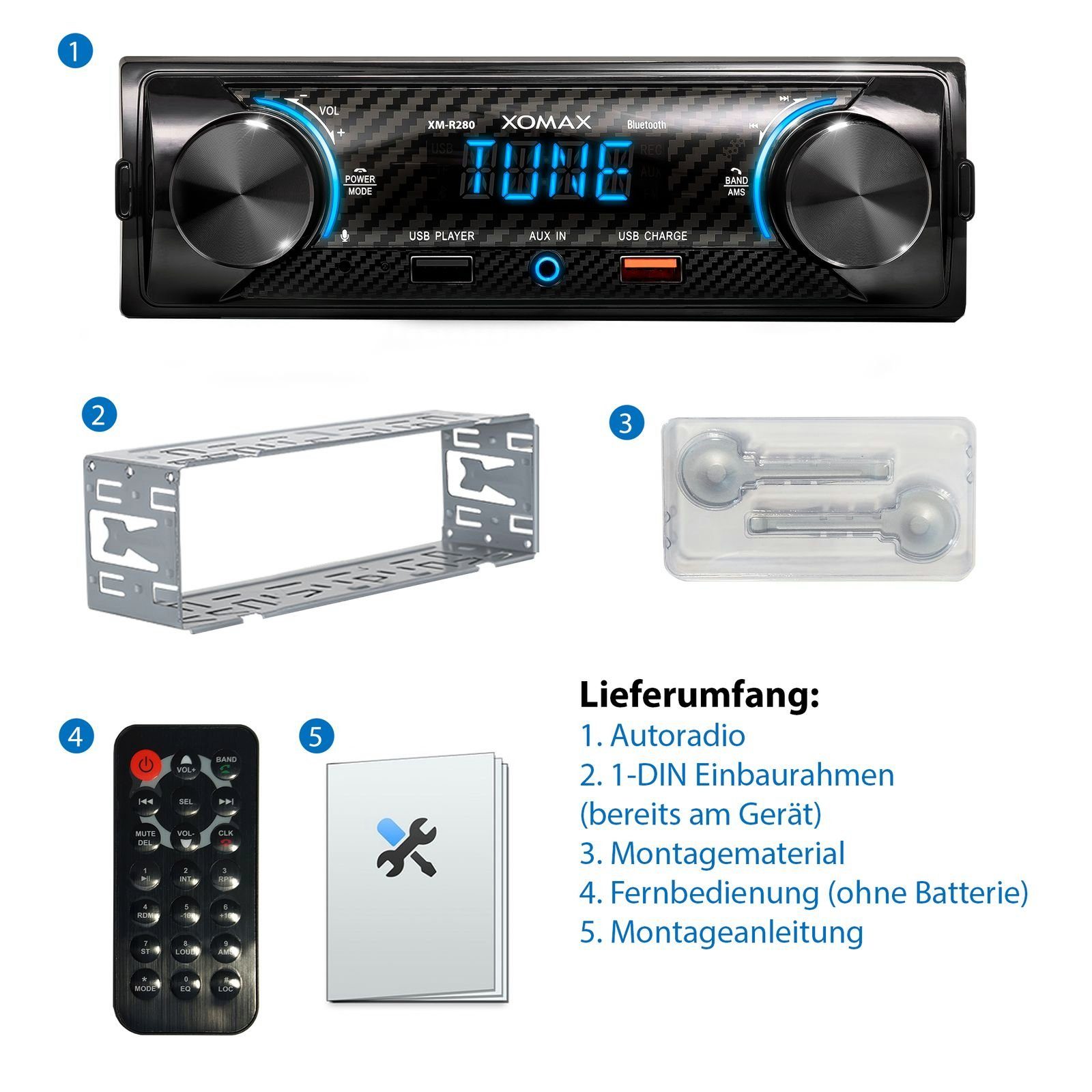 XOMAX XM-R280 Autoradio mit Bluetooth, 2. USB mit Ladefunktion, Aux, 1 DIN Autoradio
