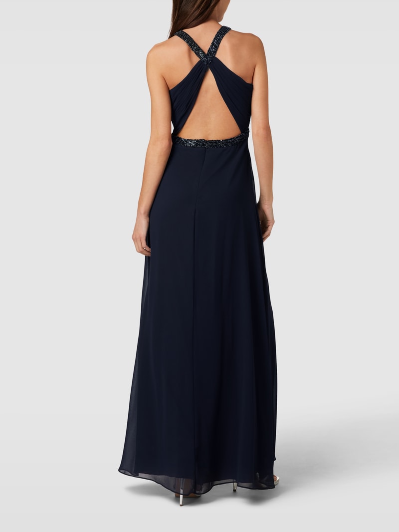 Abendkleid mit Ziersteinbesatz und Raffungen in marineblau