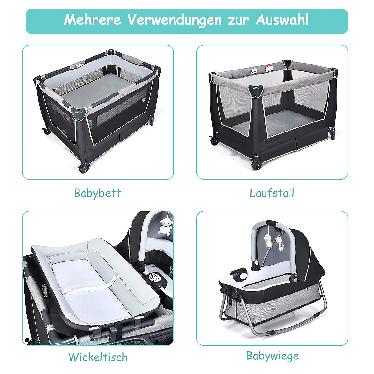 Reisebett inkl. Wickelauflage, Matratze, Spieluhr, Spielzeug
