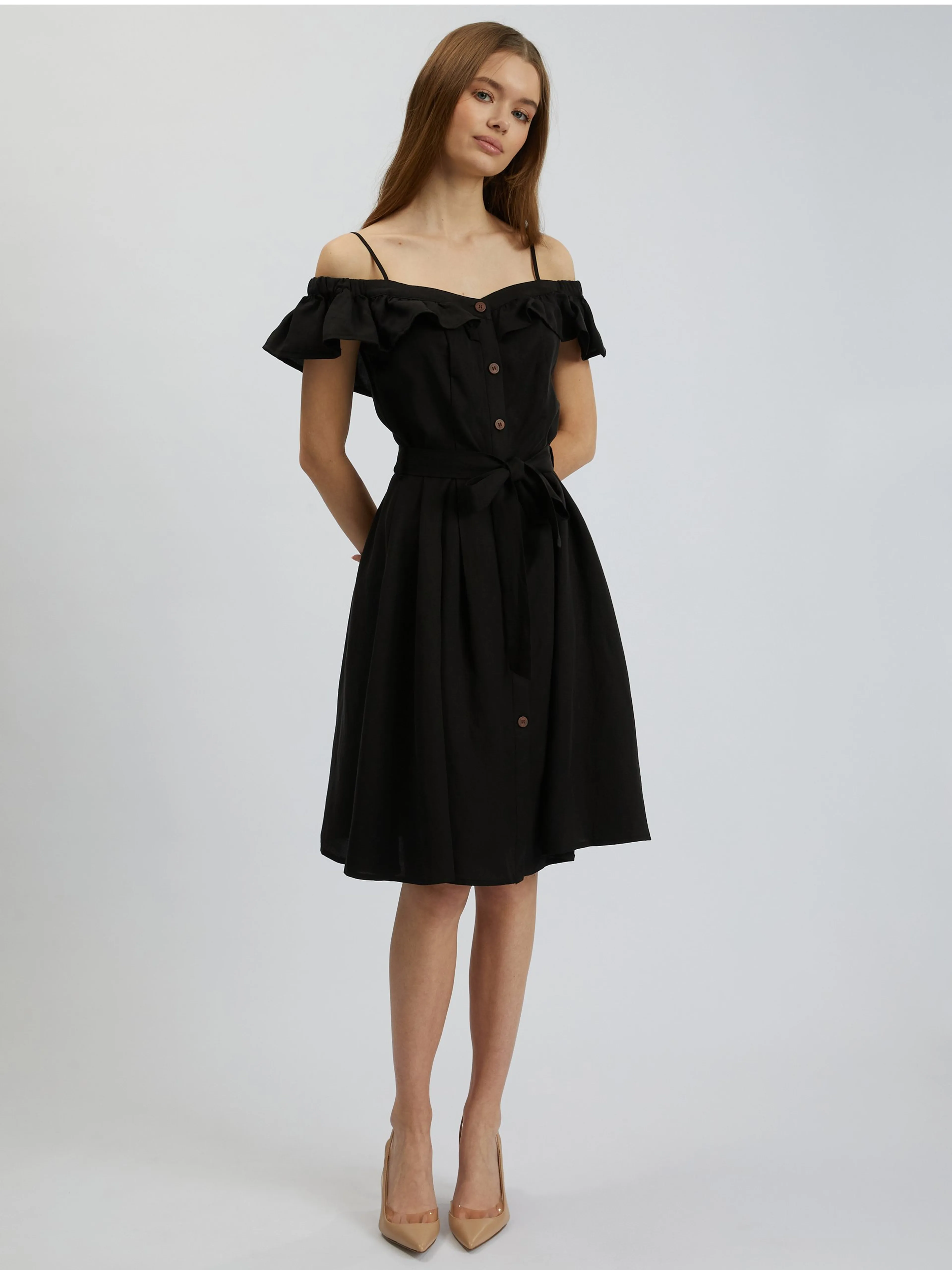 Schwarzes Damenkleid mit Leinen ORSAY