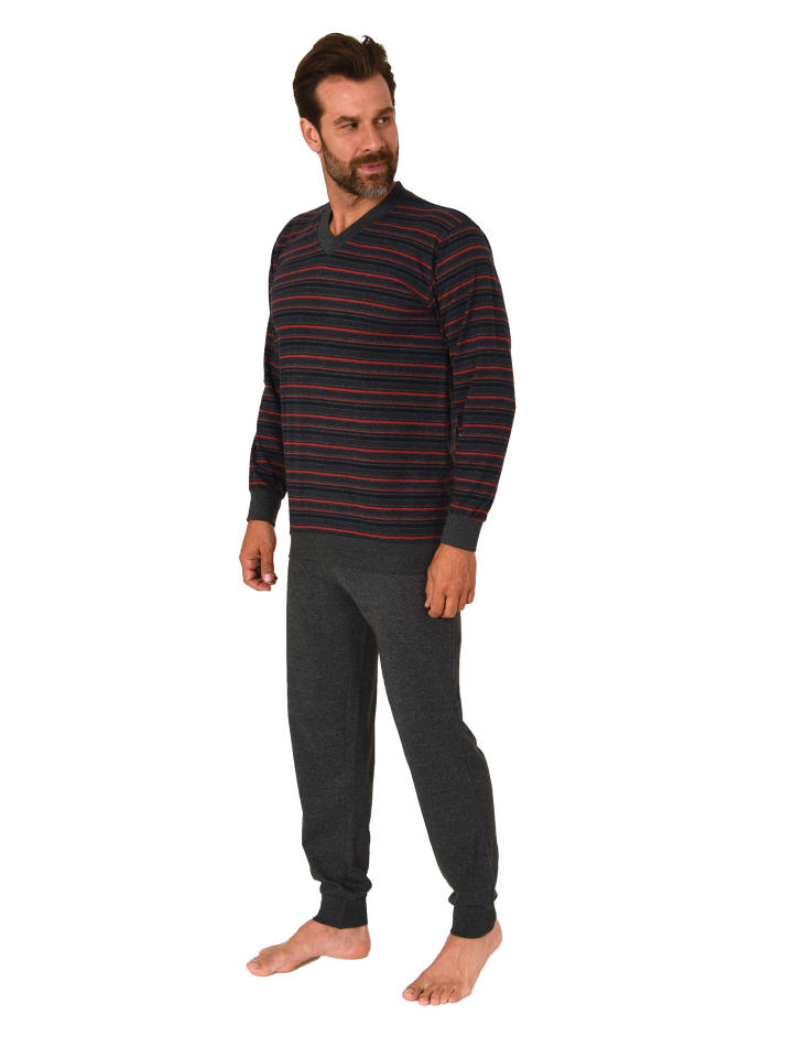NORMANN langarm Schlafanzug Bündchen Pyjama Streifen - 83119 in dunkelgrau günstig kaufen